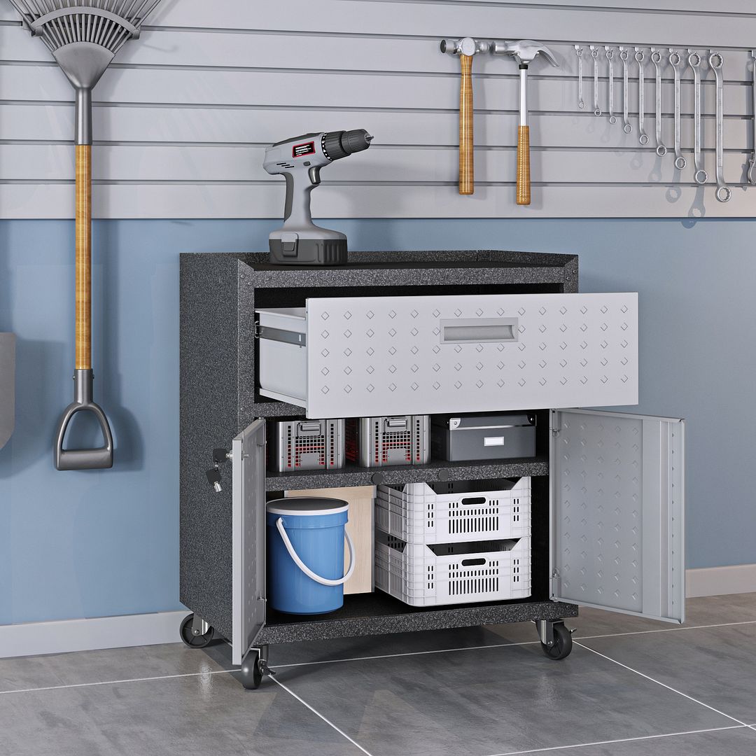 Fortress Textured Metal 31.5-inch Garage Mobile Cabinet w/1 Full Extension Drawer & 2 Adjustable Shelves