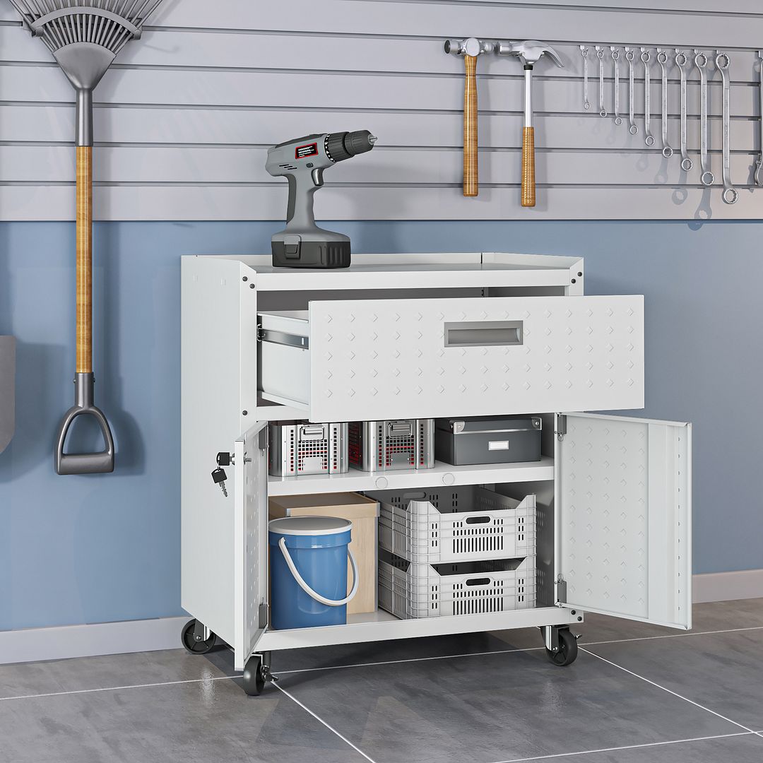 Fortress Textured Metal 31.5-inch Garage Mobile Cabinet w/1 Full Extension Drawer & 2 Adjustable Shelves