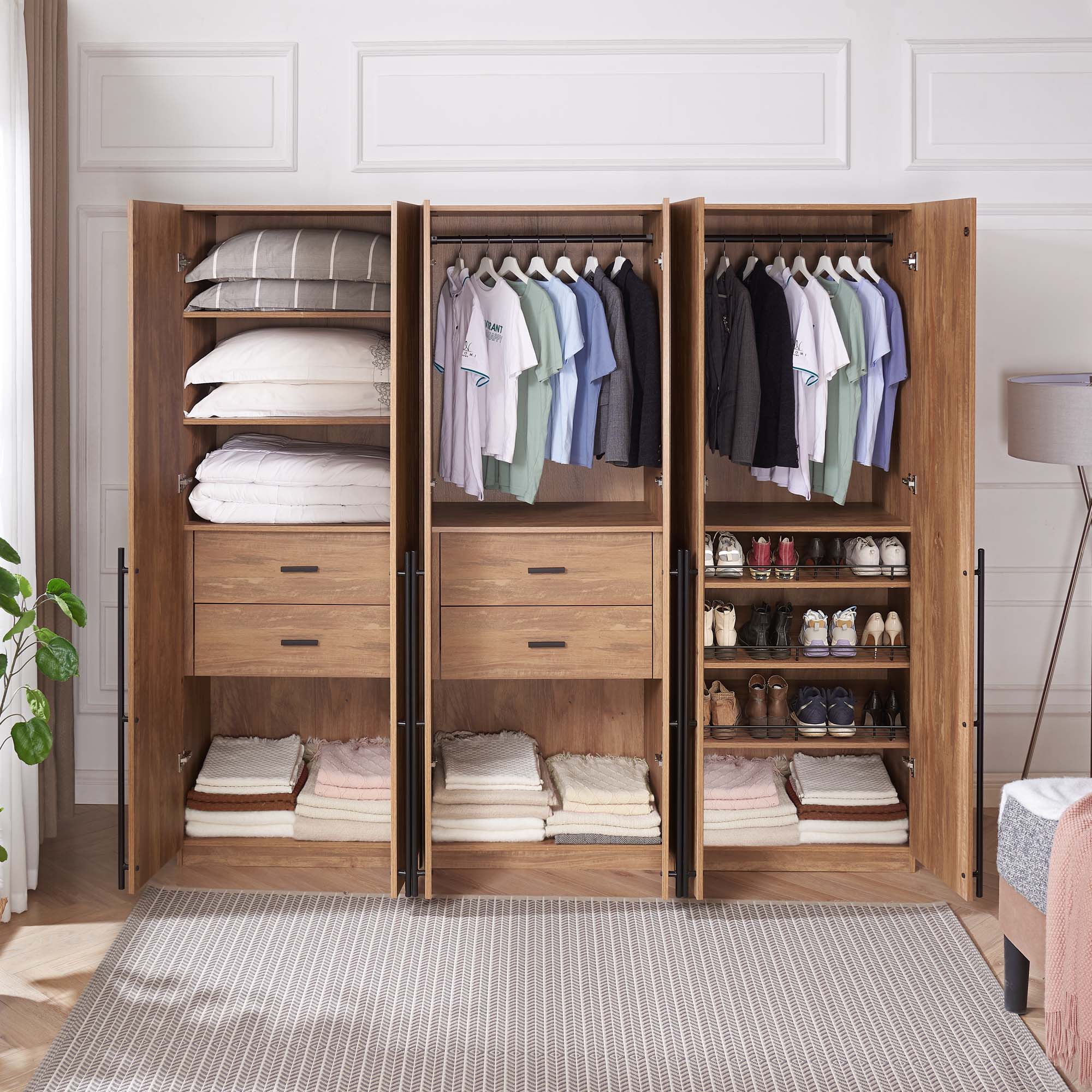 Lee Freestanding 3-Piece Wardrobe Closet w/2 Hanging Rods, 4 Drawers, 3 Shoe Storage & 6 Shelves 