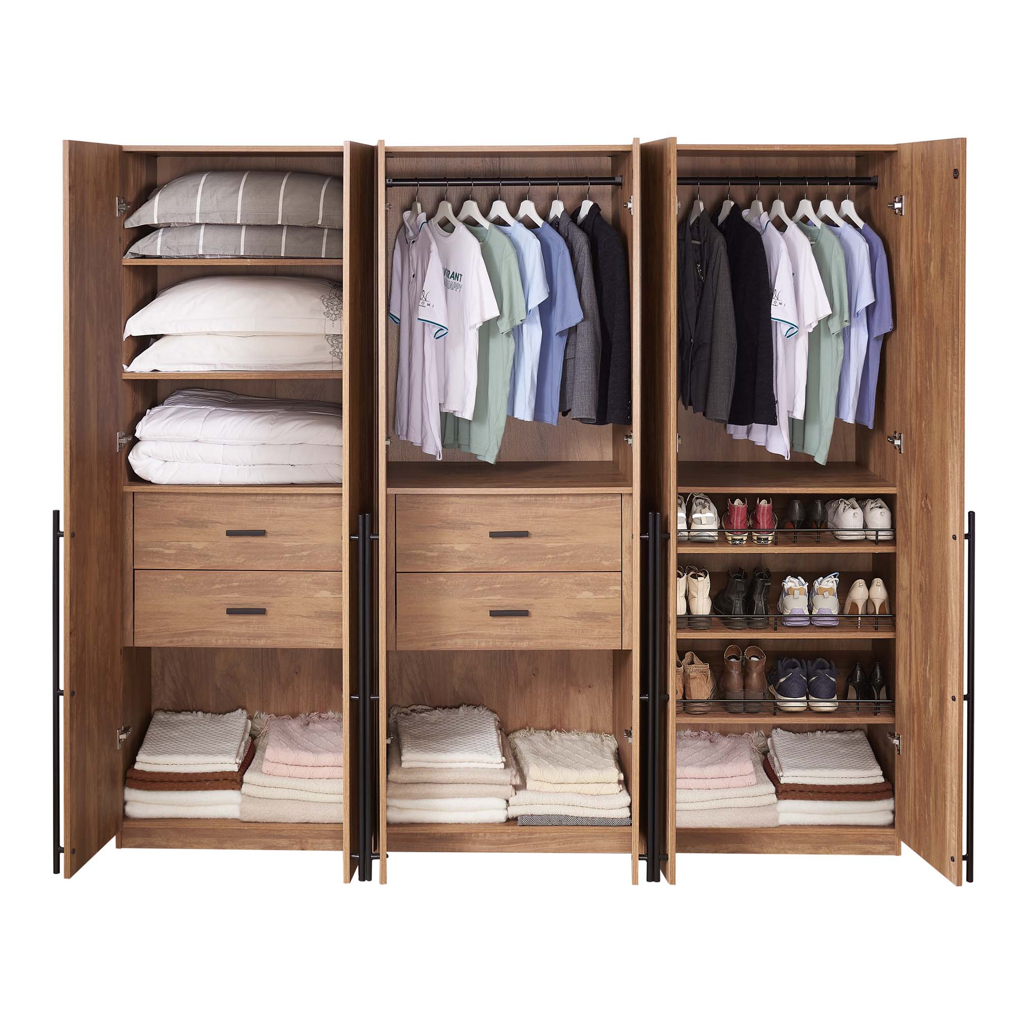 Lee Freestanding 3-Piece Wardrobe Closet w/2 Hanging Rods, 4 Drawers, 3 Shoe Storage & 6 Shelves 