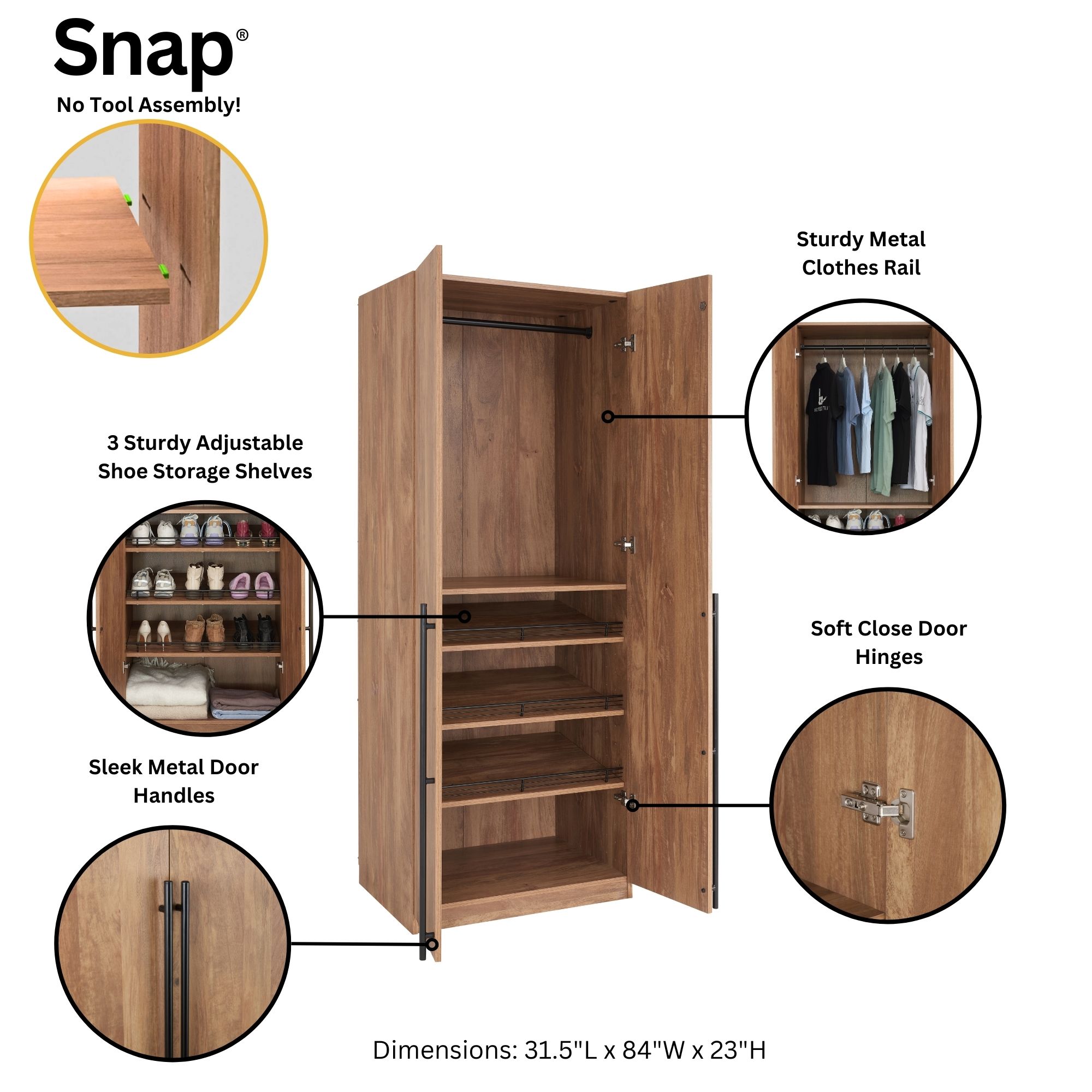 Lee Freestanding 3-Piece Wardrobe Closet w/2 Hanging Rods, 4 Drawers, 3 Shoe Storage & 6 Shelves 