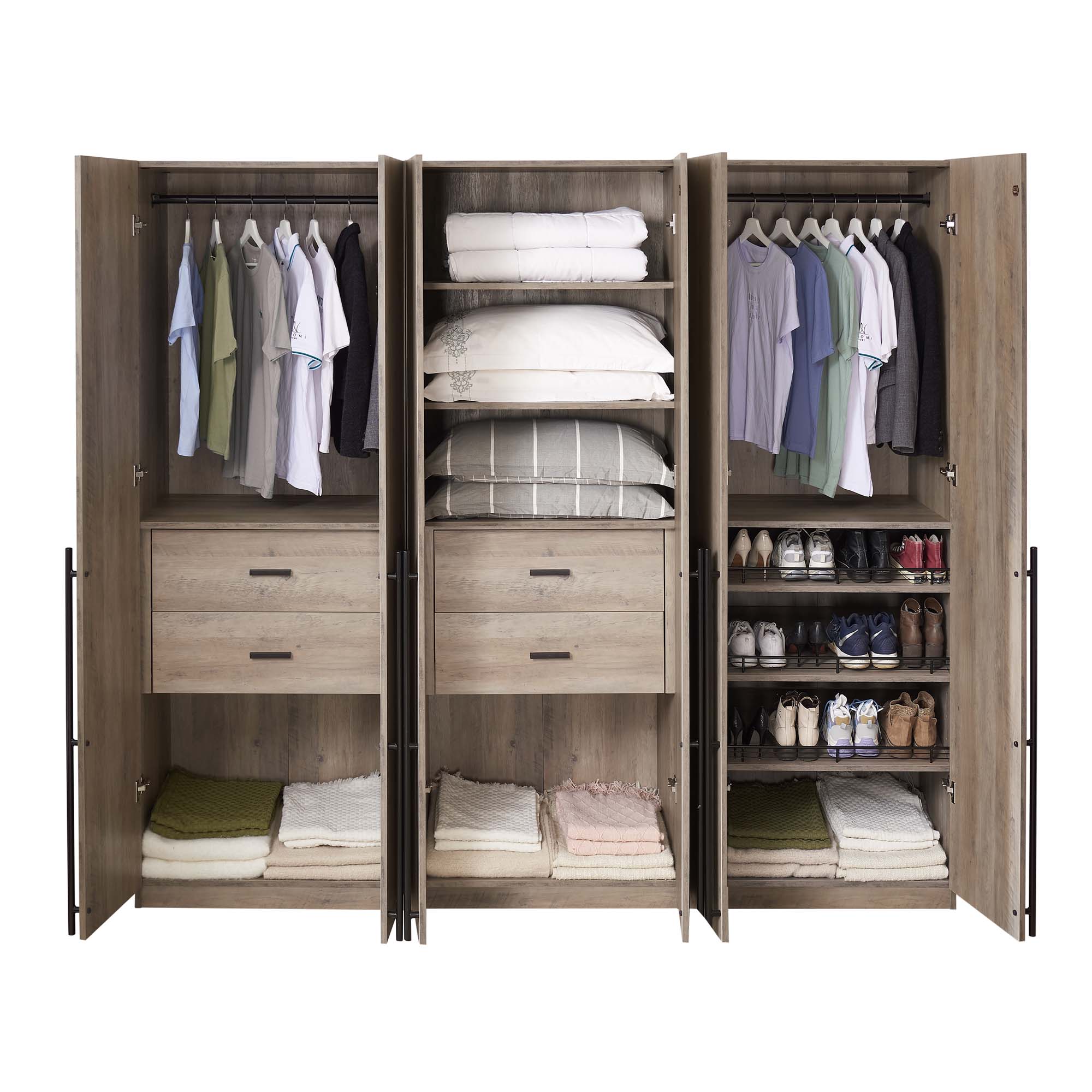 Lee Freestanding 3-Piece Wardrobe Closet w/2 Hanging Rods, 4 Drawers, 3 Shoe Storage & 6 Shelves 