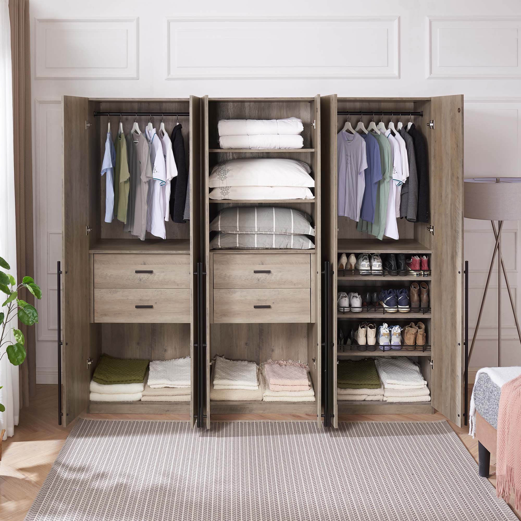 Lee Freestanding 3-Piece Wardrobe Closet w/2 Hanging Rods, 4 Drawers, 3 Shoe Storage & 6 Shelves 