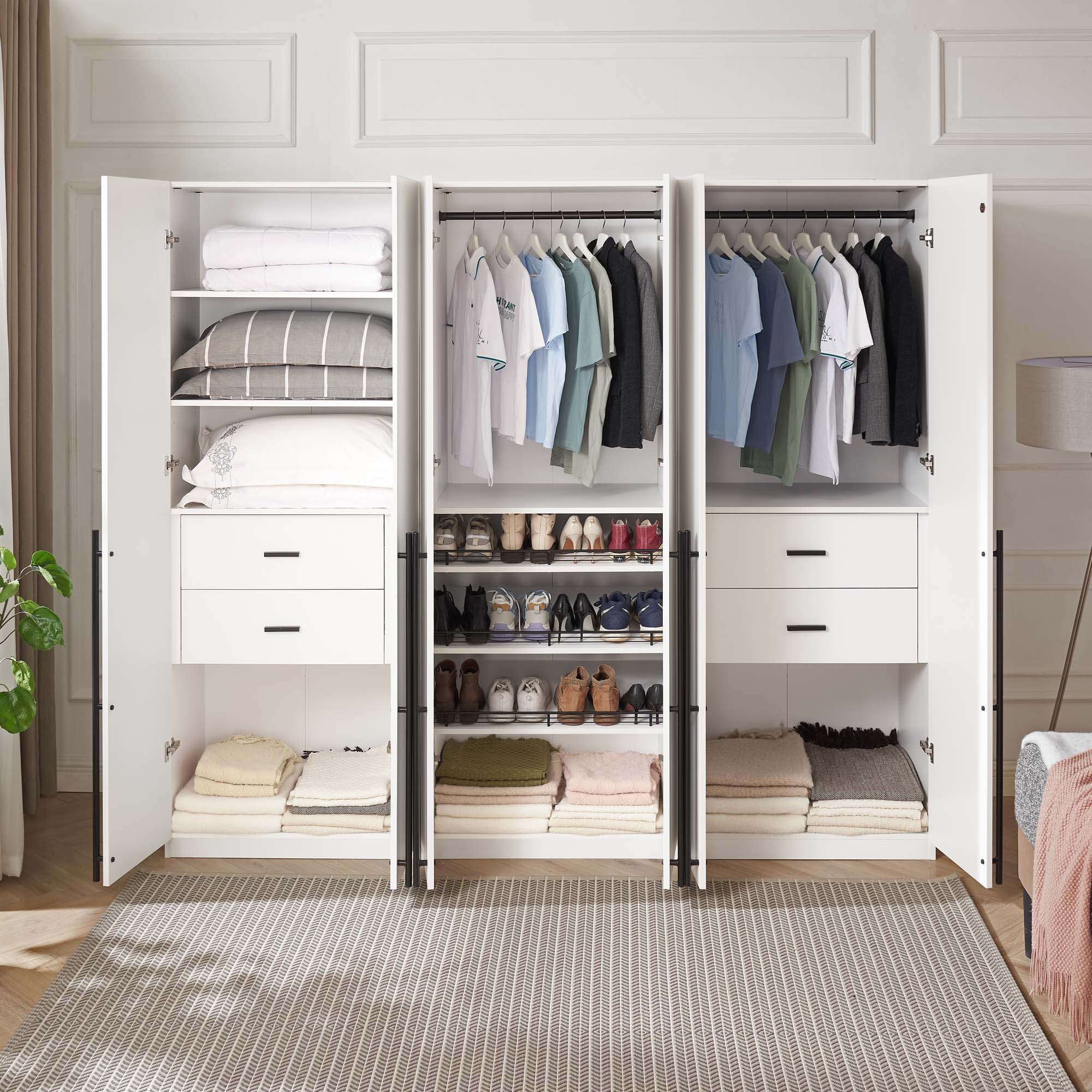 Lee Freestanding 3-Piece Wardrobe Closet w/2 Hanging Rods, 4 Drawers, 3 Shoe Storage & 6 Shelves 
