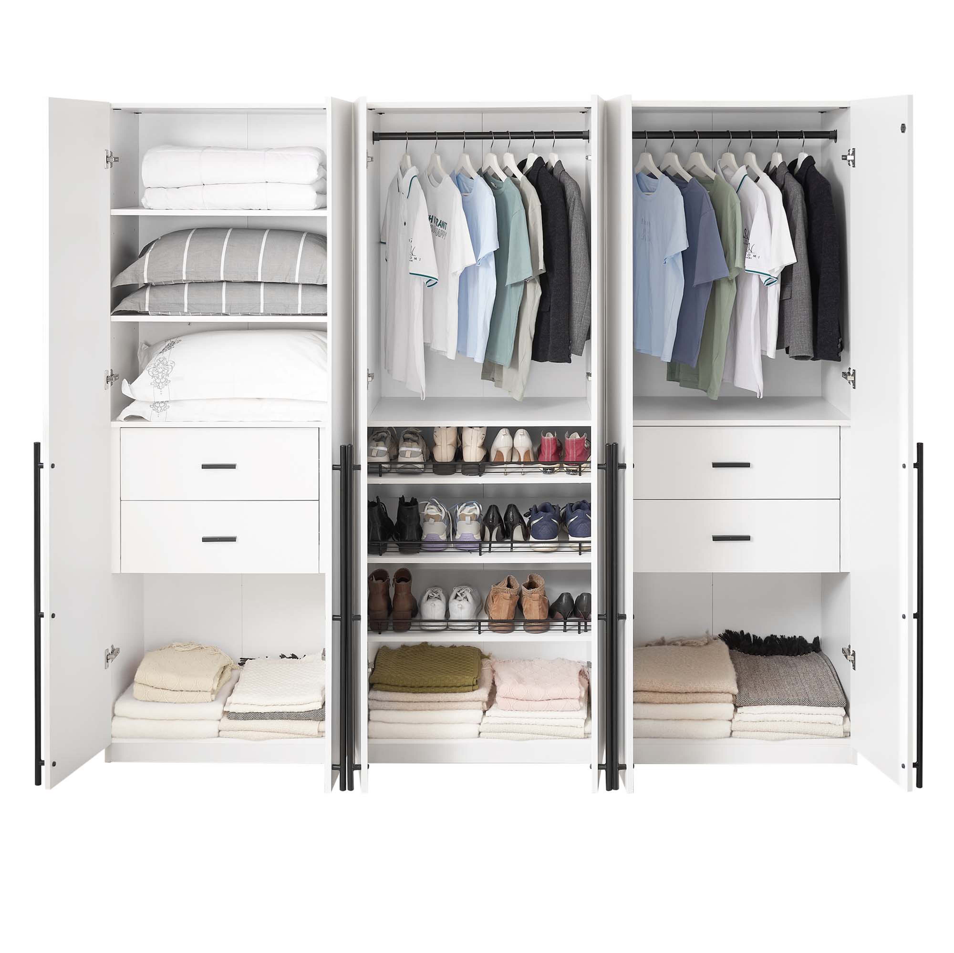 Lee Freestanding 3-Piece Wardrobe Closet w/2 Hanging Rods, 4 Drawers, 3 Shoe Storage & 6 Shelves 