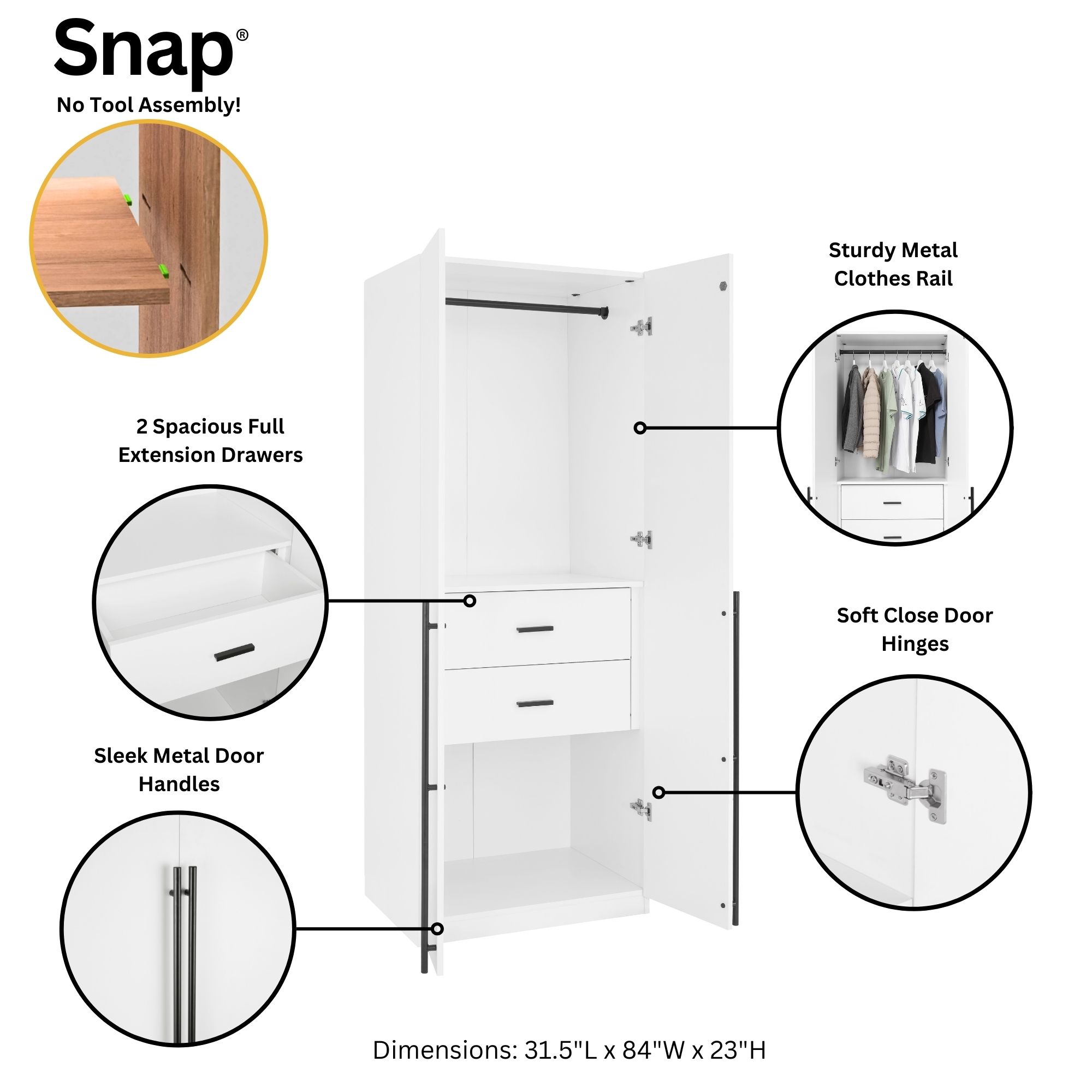 Lee Freestanding 3-Piece Wardrobe Closet w/2 Hanging Rods, 4 Drawers, 3 Shoe Storage & 6 Shelves 