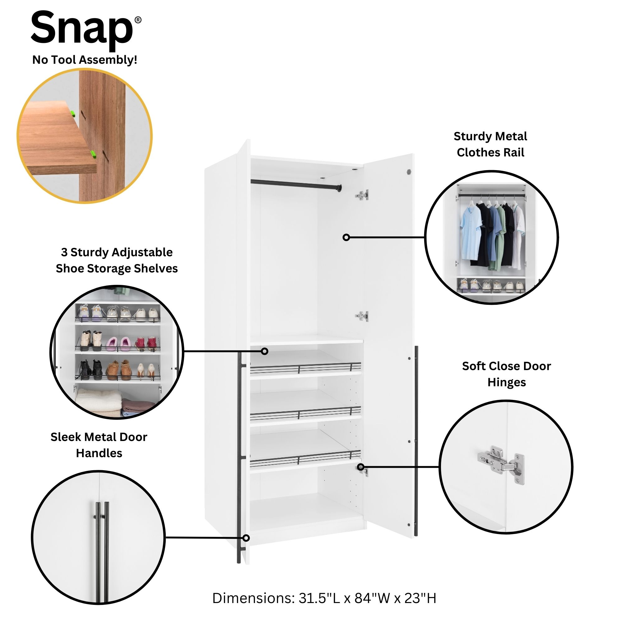 Lee Freestanding 3-Piece Wardrobe Closet w/2 Hanging Rods, 4 Drawers, 3 Shoe Storage & 6 Shelves 
