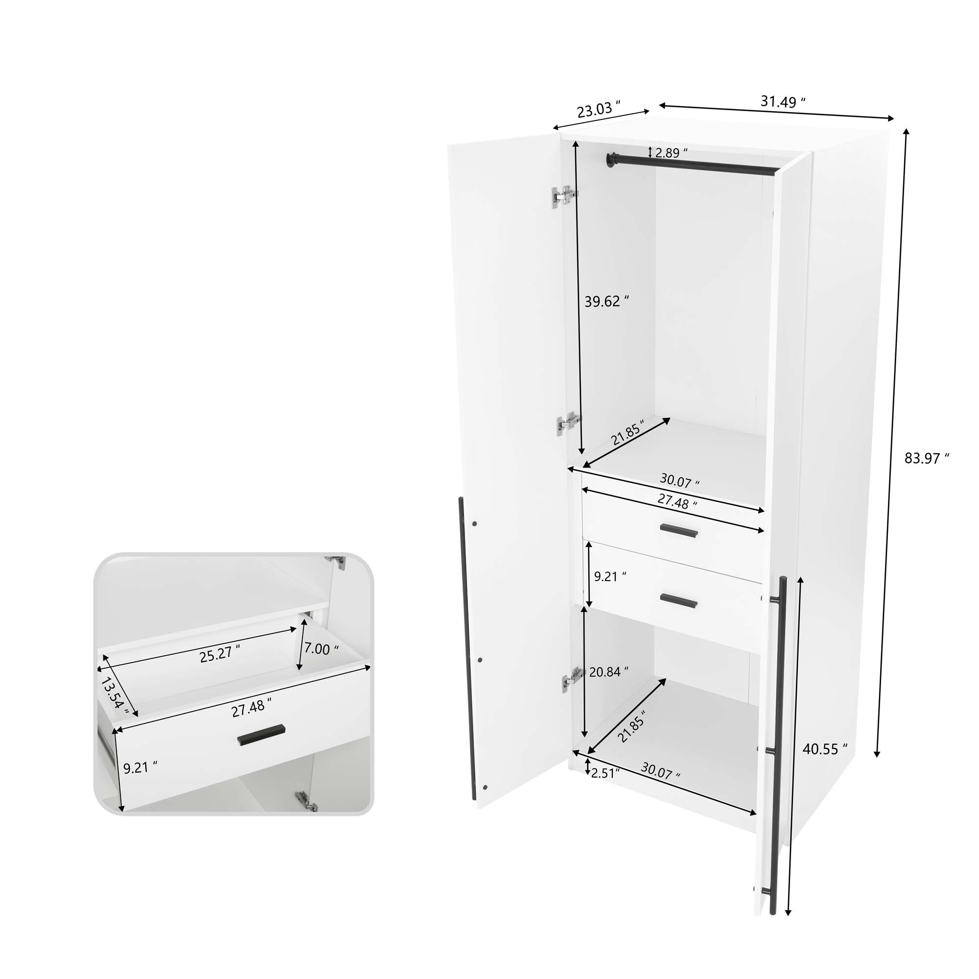 Lee Freestanding 3-Piece Wardrobe Closet 2.0 w/1 Hanging Rod, 1 Shelf & 2 Drawers 