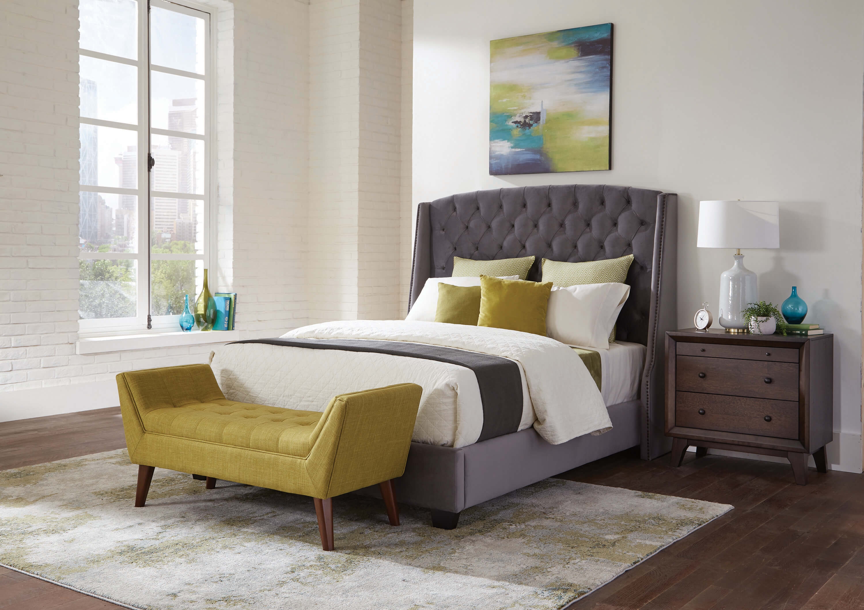 Pissarro Velvet Tufted Upholstered Bed, Eastern King Size