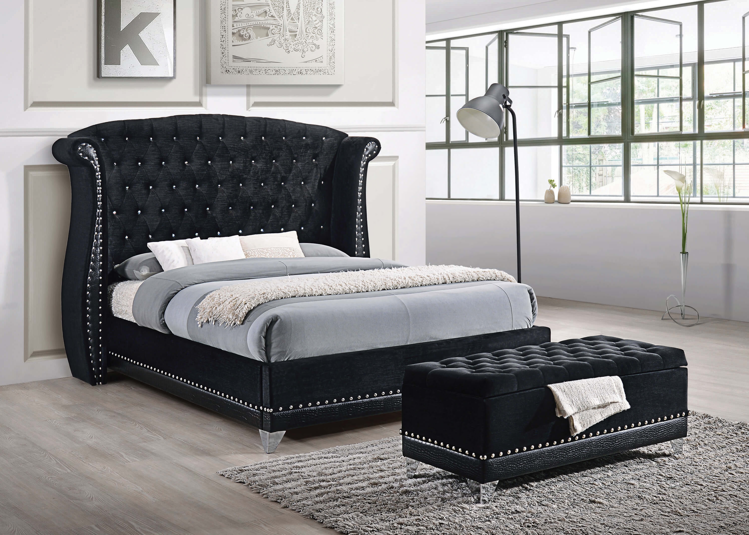Barzini Velvet/Crocodile Leatherette Wingback Tufted Bed