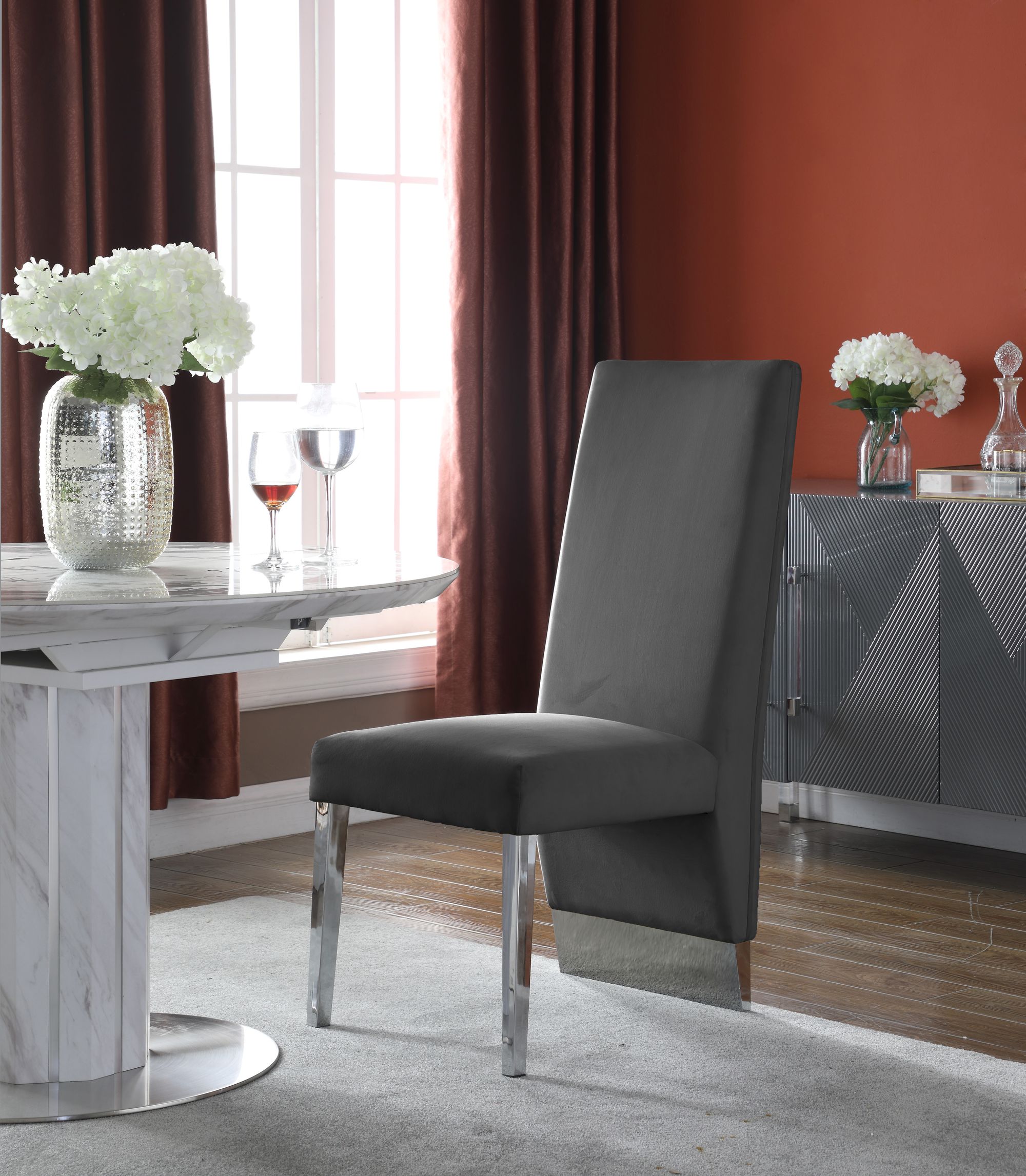 Porsha Velvet Dining Chair with Chrome Metal Legs