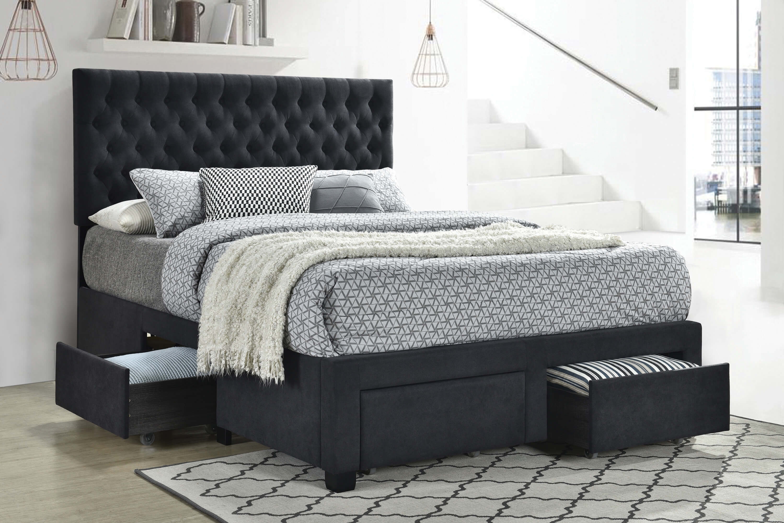 Soledad Fabric Button Tufted Storage Bed w/4 Drawers, Queen Size