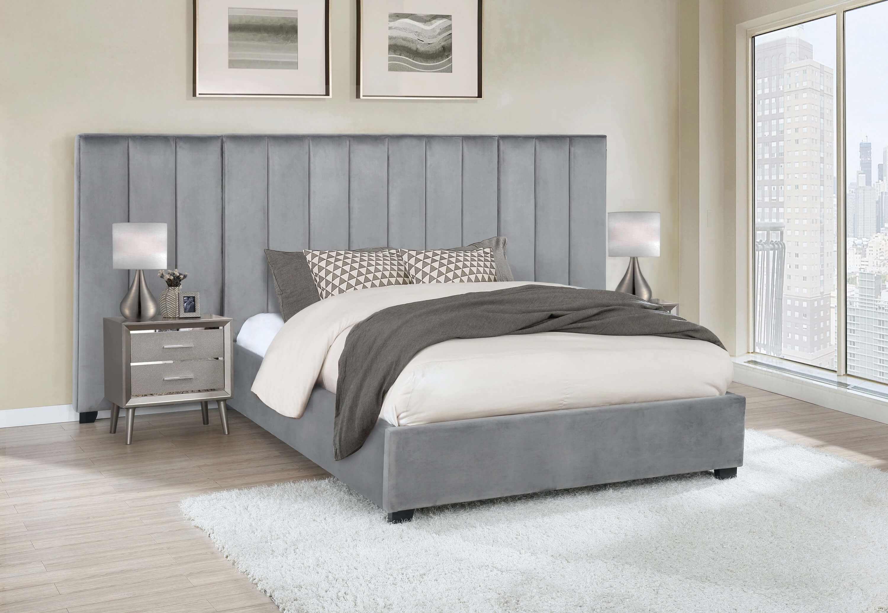 Arles Velvet Vertical Channeled Tufted Bed, Eastern King Size
