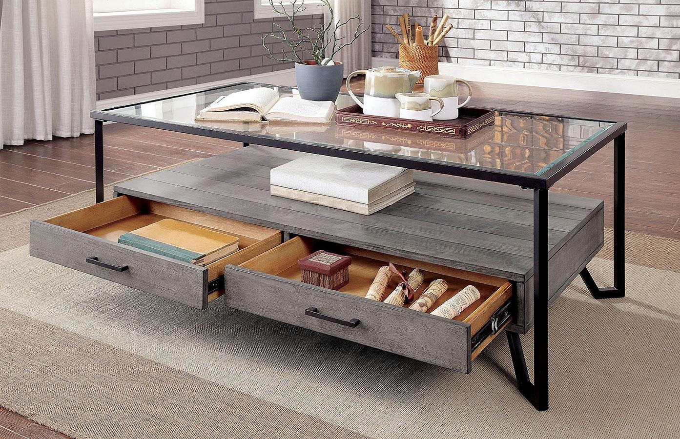 Ponderay Glass/Metal/Wood Storage Coffee Table Set