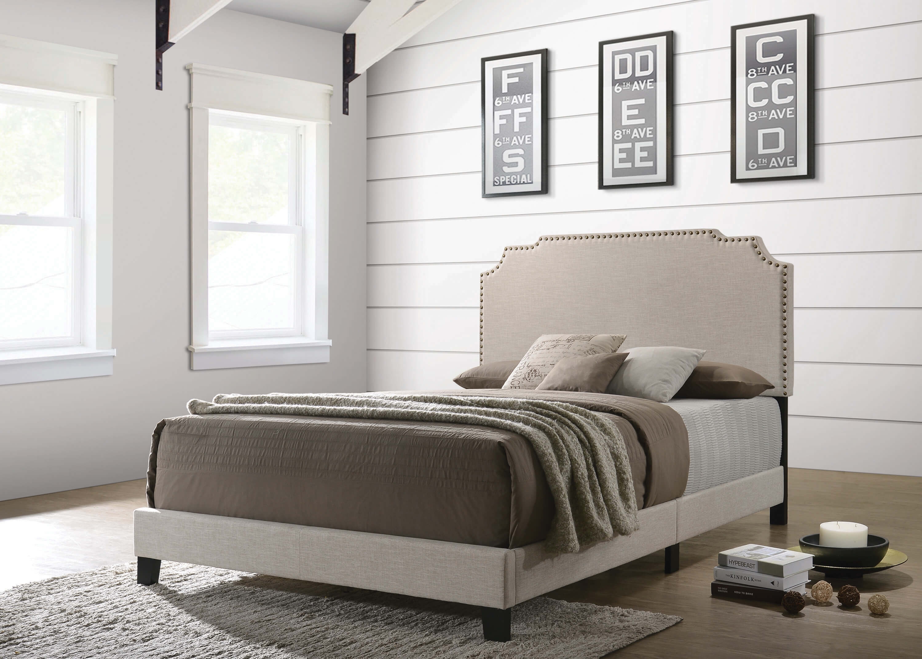 Tamarac Fabric Upholstered Nailhead Panel Bed, Full Size