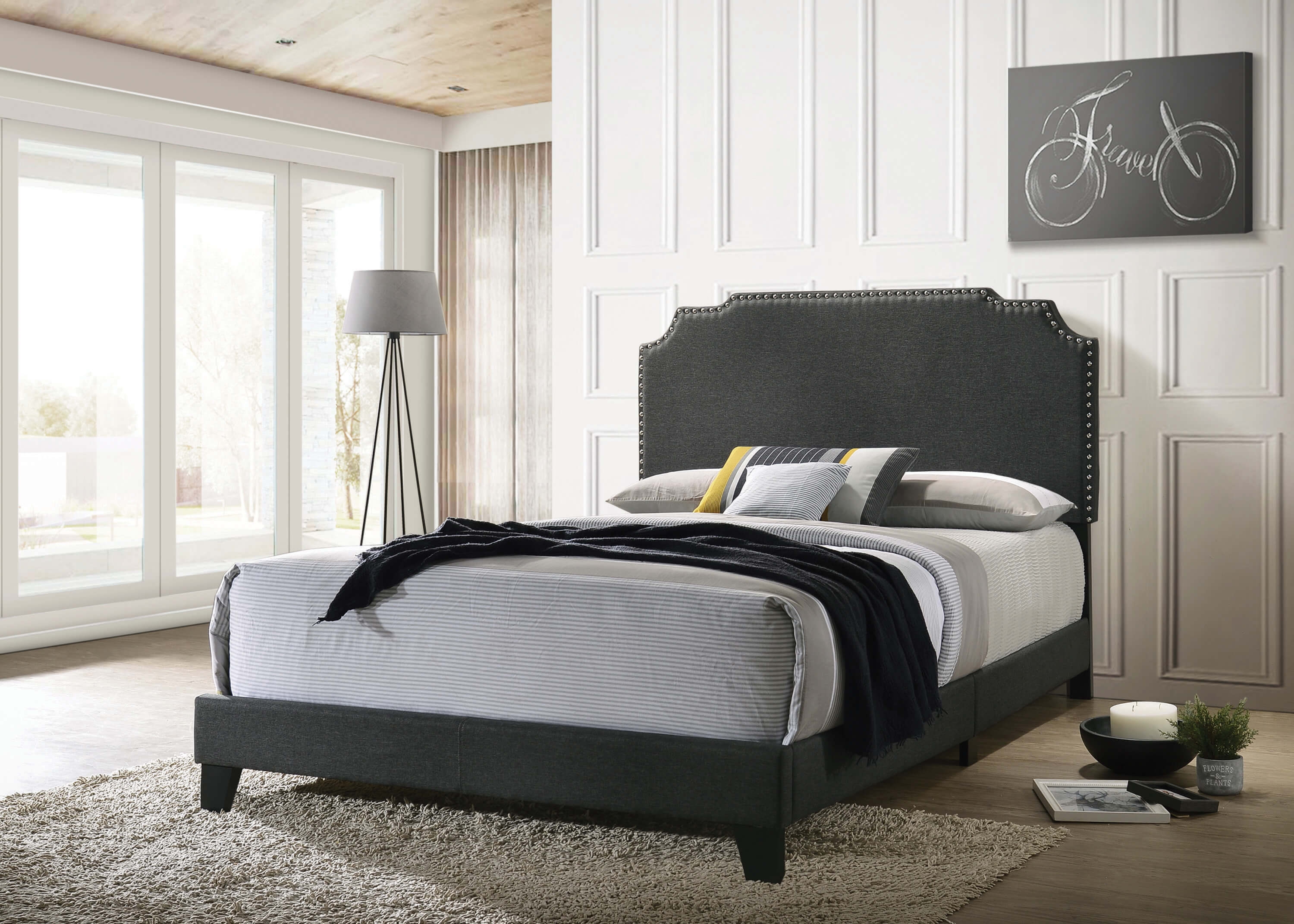 Tamarac Fabric Upholstered Nailhead Panel Bed, Eastern King Size