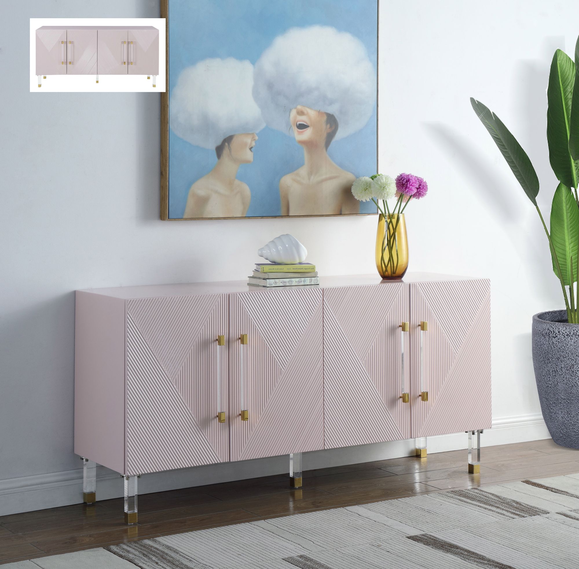 Anastasia 4-Door Wood Veneer Lacquer Sideboard with Acrylic Legs & Gold Tips