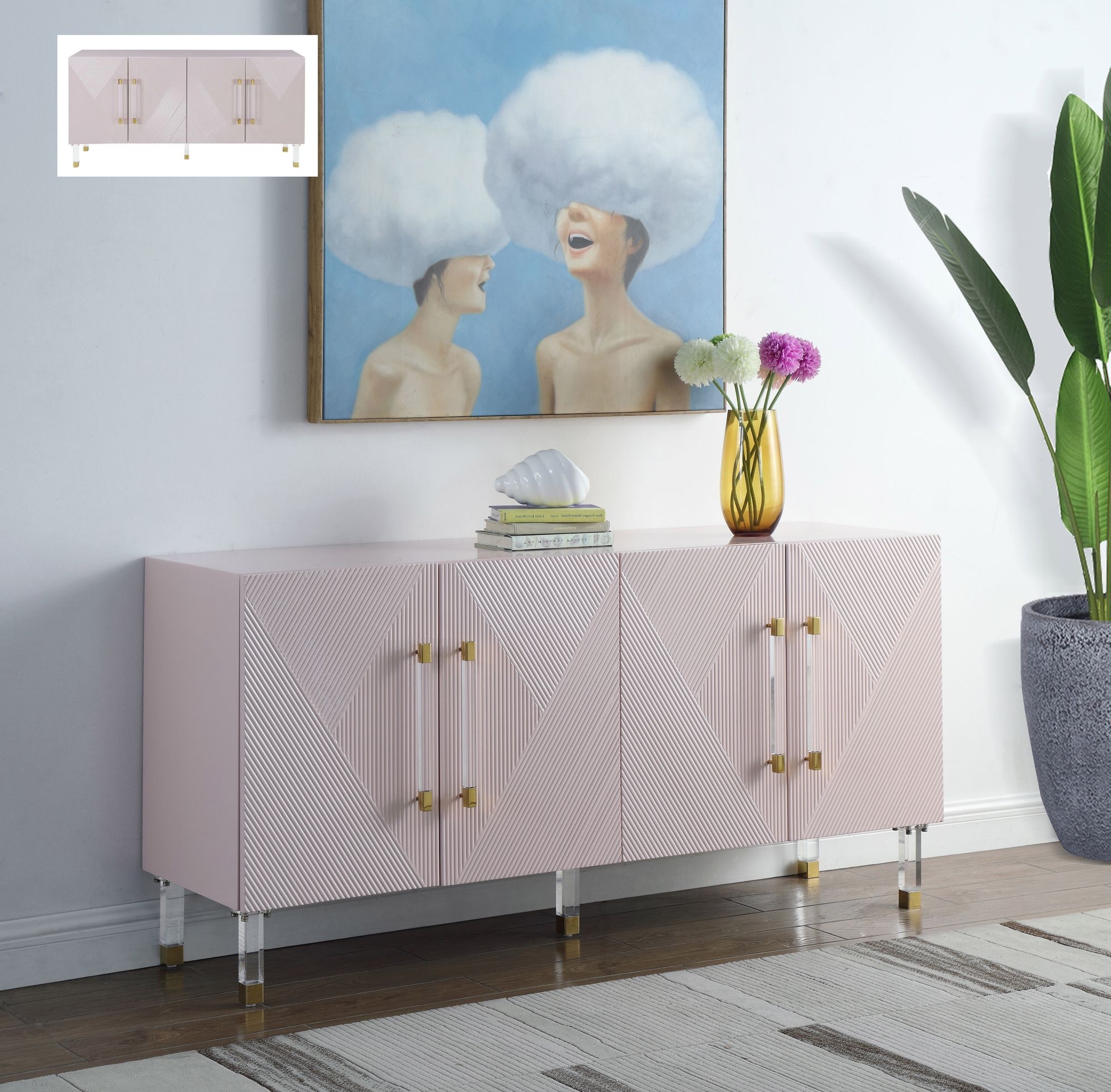Anastasia 4-Door Wood Veneer Lacquer Sideboard with Acrylic Legs & Chrome Tips