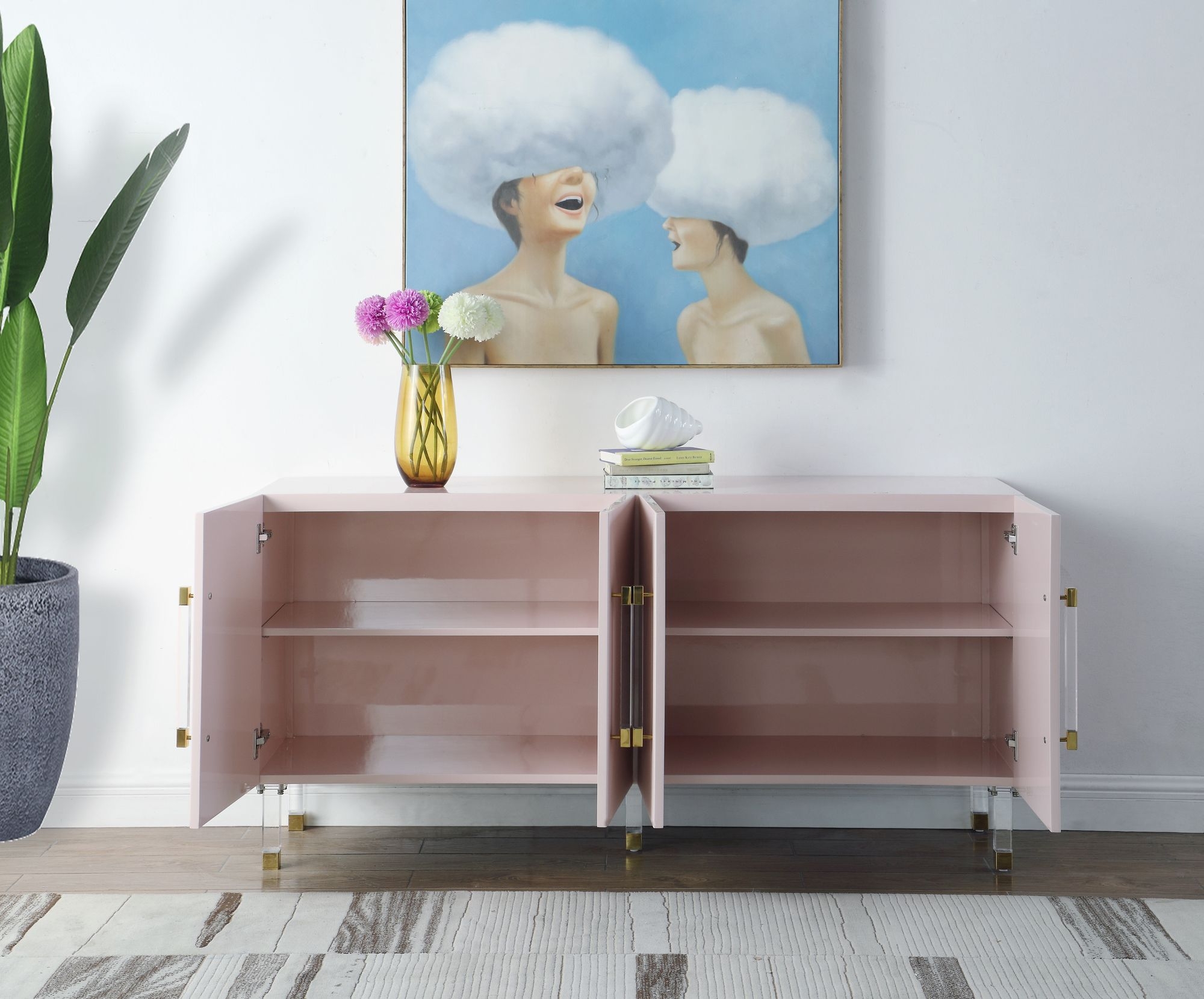 Anastasia 4-Door Wood Veneer Lacquer Sideboard with Acrylic Legs & Chrome Tips