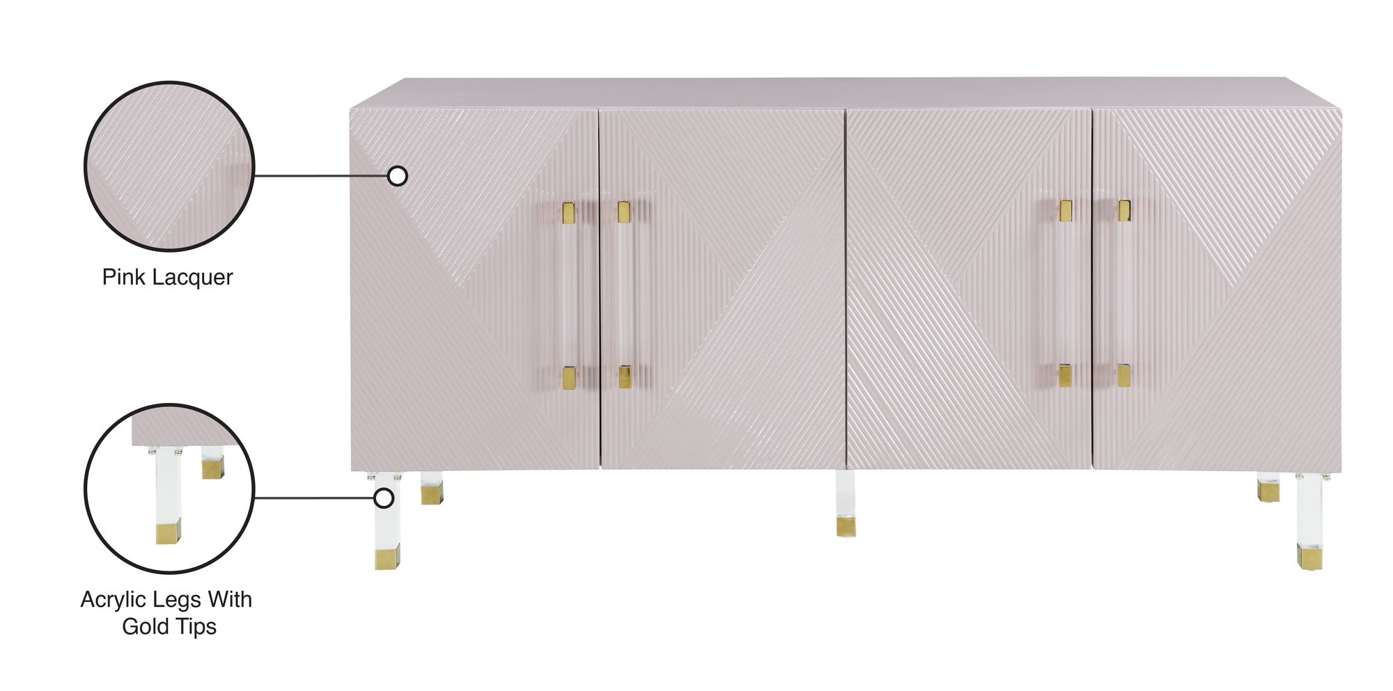 Anastasia 4-Door Wood Veneer Lacquer Sideboard with Acrylic Legs & Chrome Tips