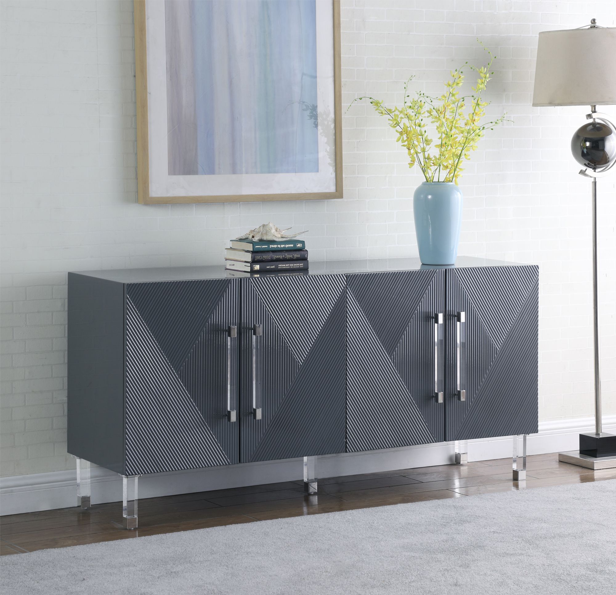 Anastasia 4-Door Wood Veneer Lacquer Sideboard with Acrylic Legs & Chrome Tips