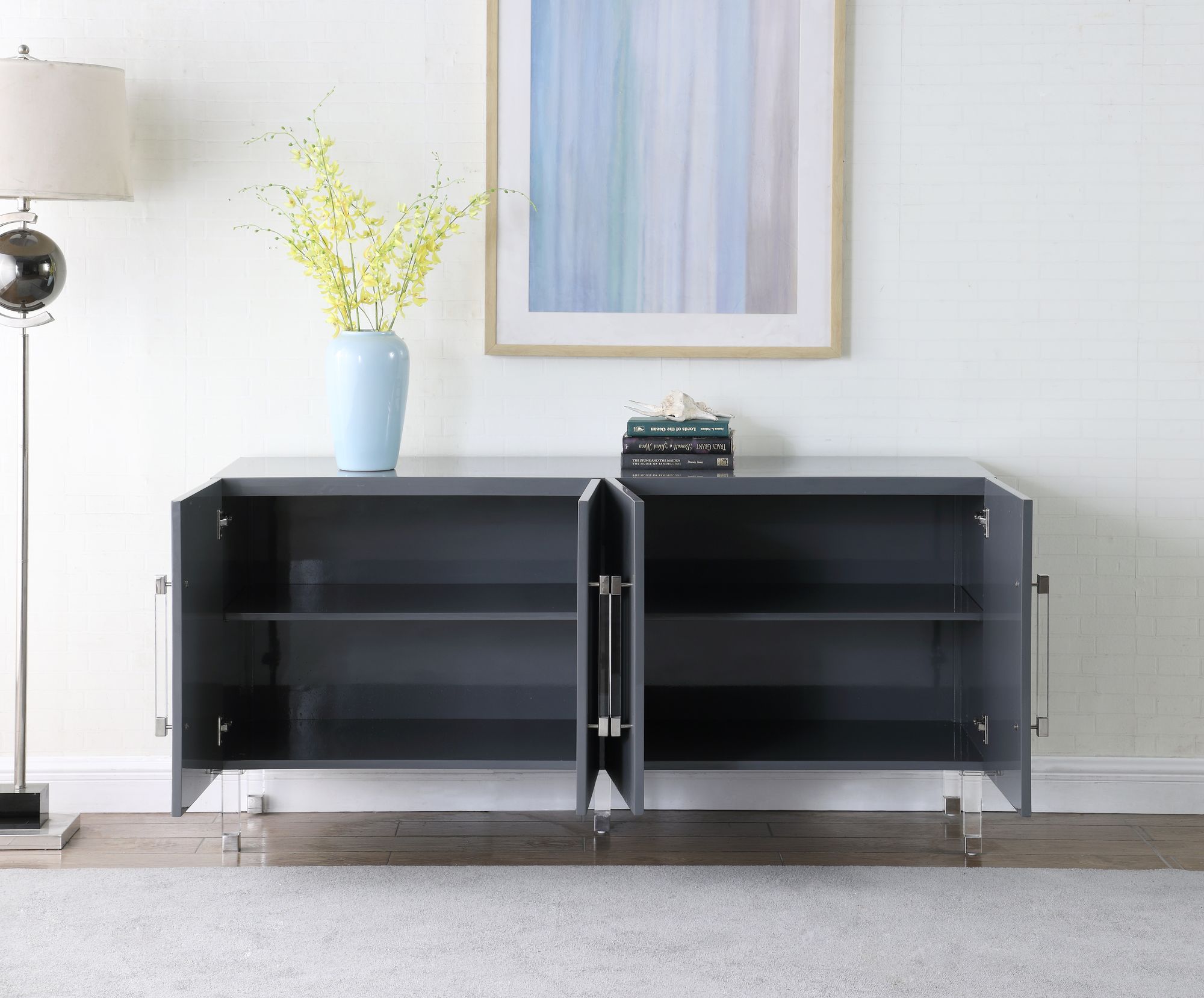 Anastasia 4-Door Wood Veneer Lacquer Sideboard with Acrylic Legs & Chrome Tips