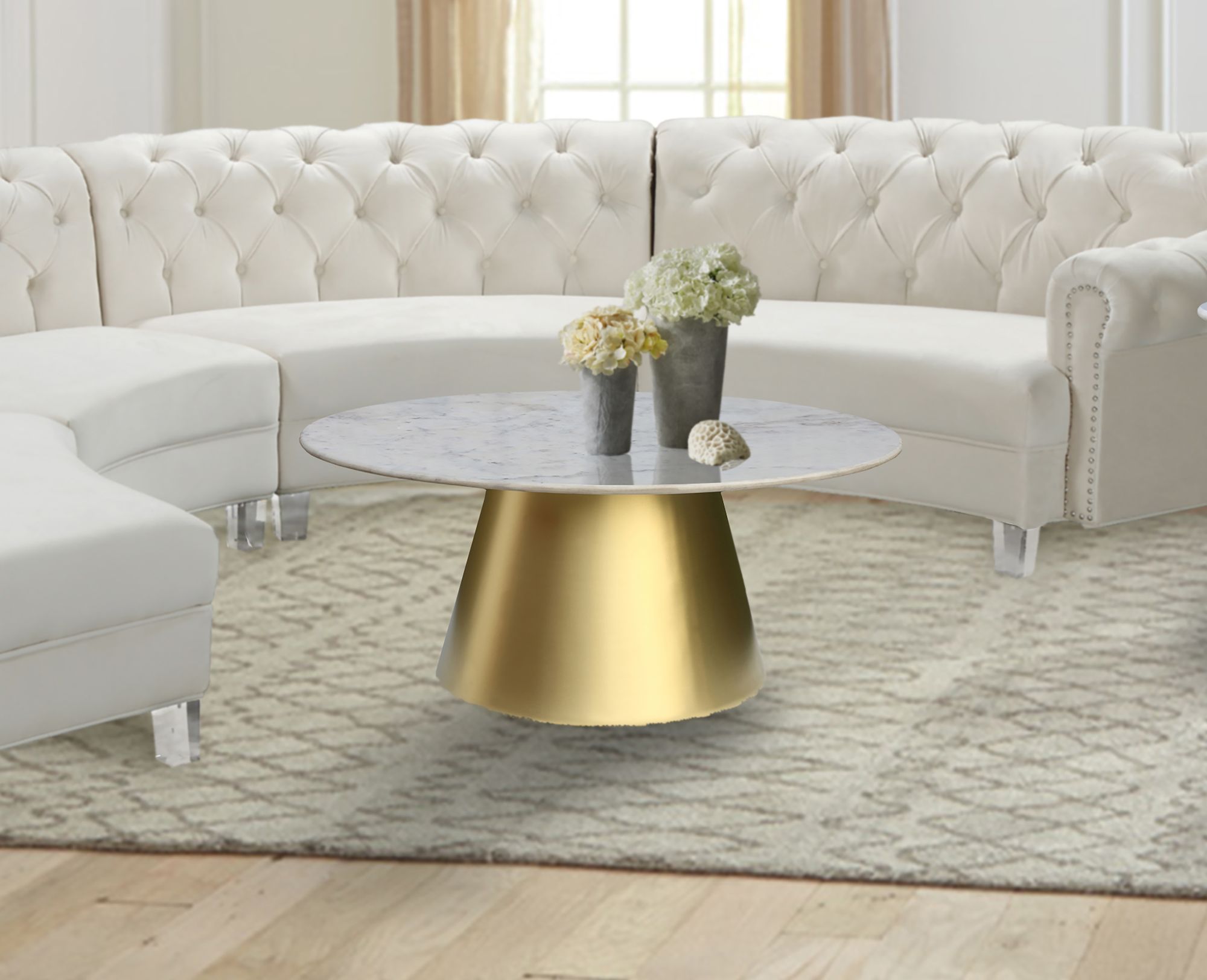 Sorrento 36" Round Marble Coffee Table with Brushed Gold Metal Base