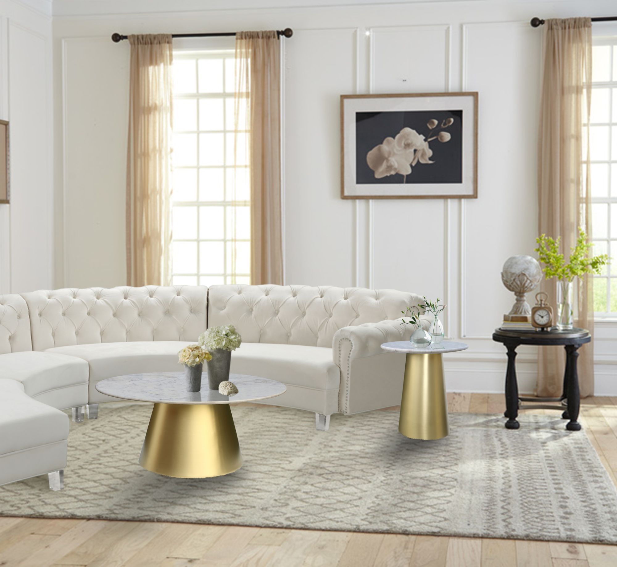 Sorrento 36" Round Marble Coffee Table with Brushed Gold Metal Base