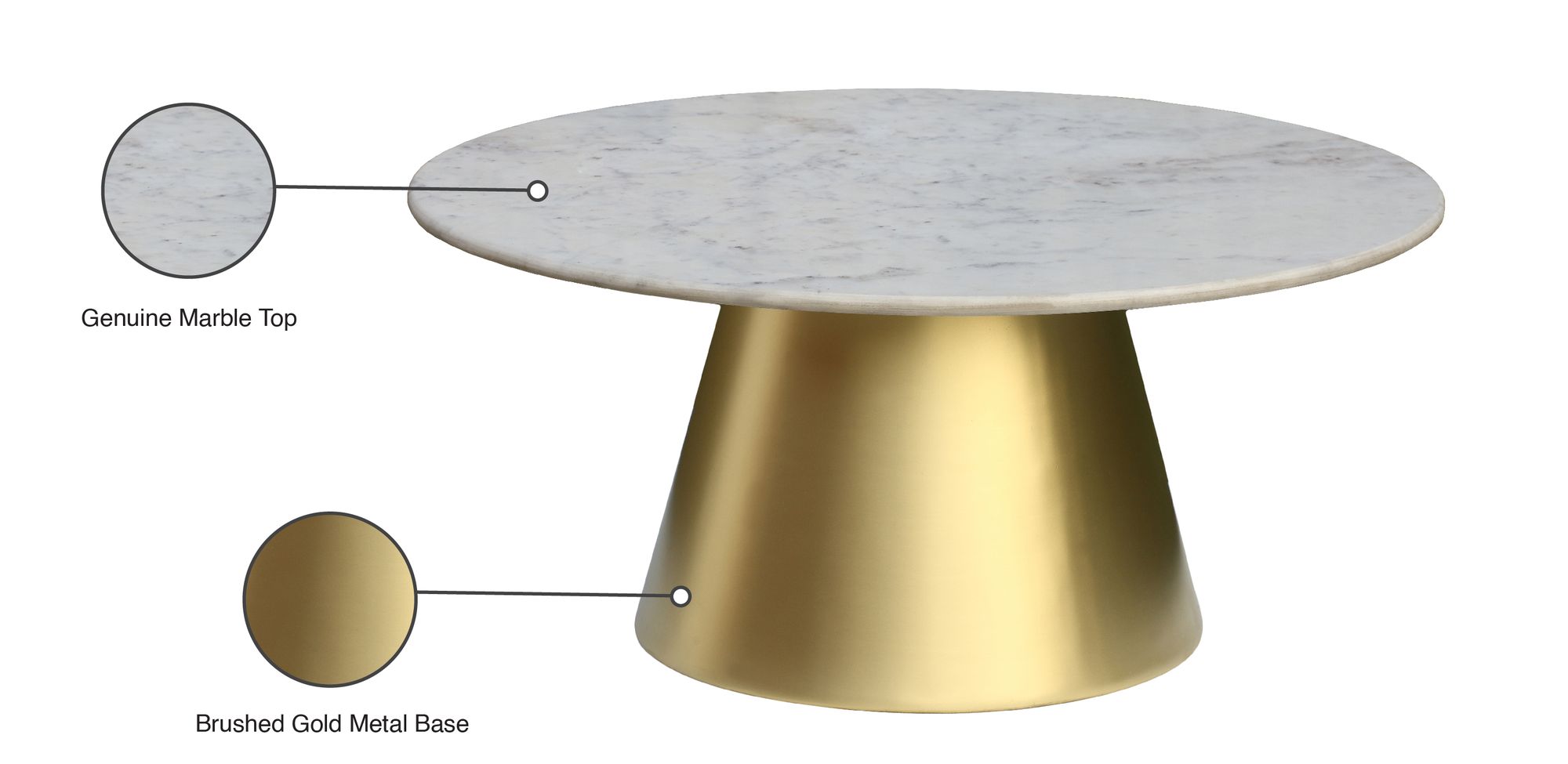 Sorrento 36" Round Marble Coffee Table with Brushed Gold Metal Base