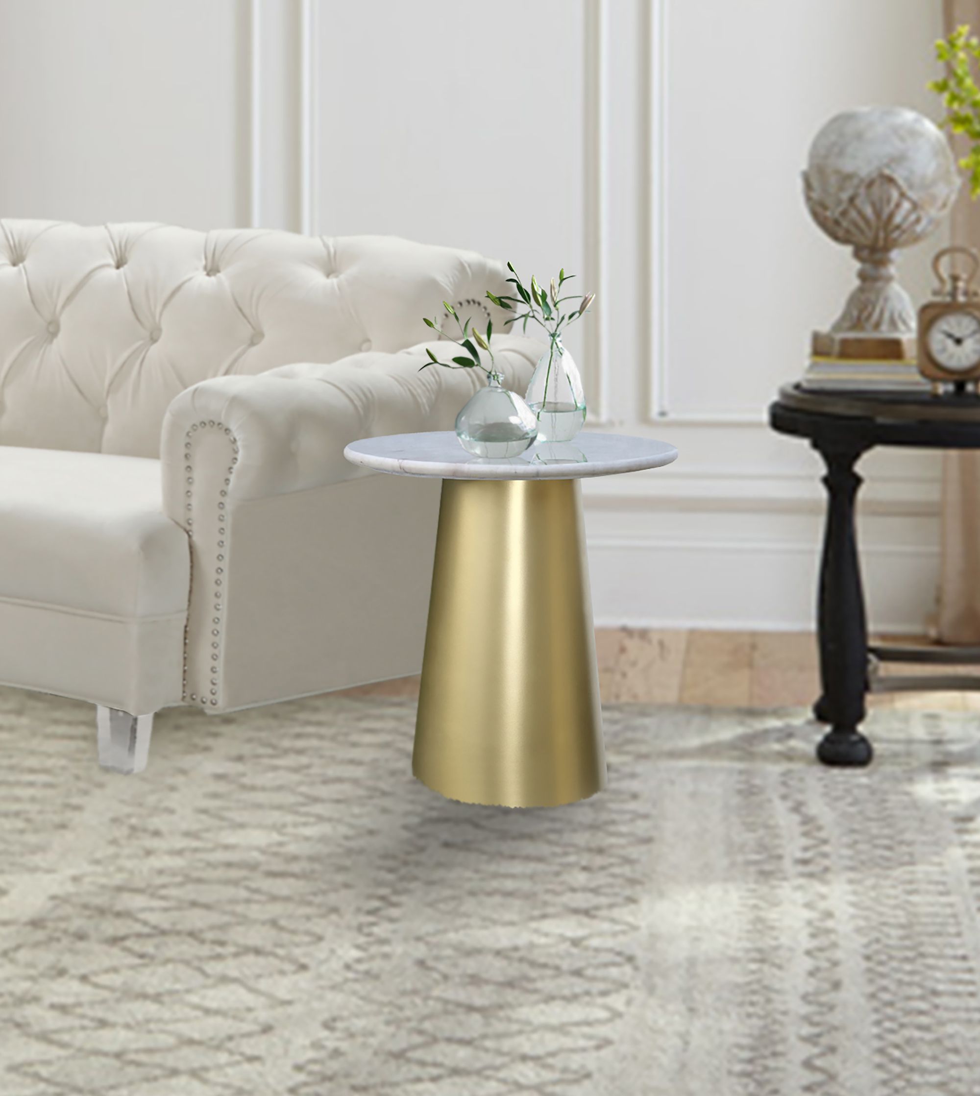 Sorrento 20" Round Marble End Table with Brushed Gold Metal Base