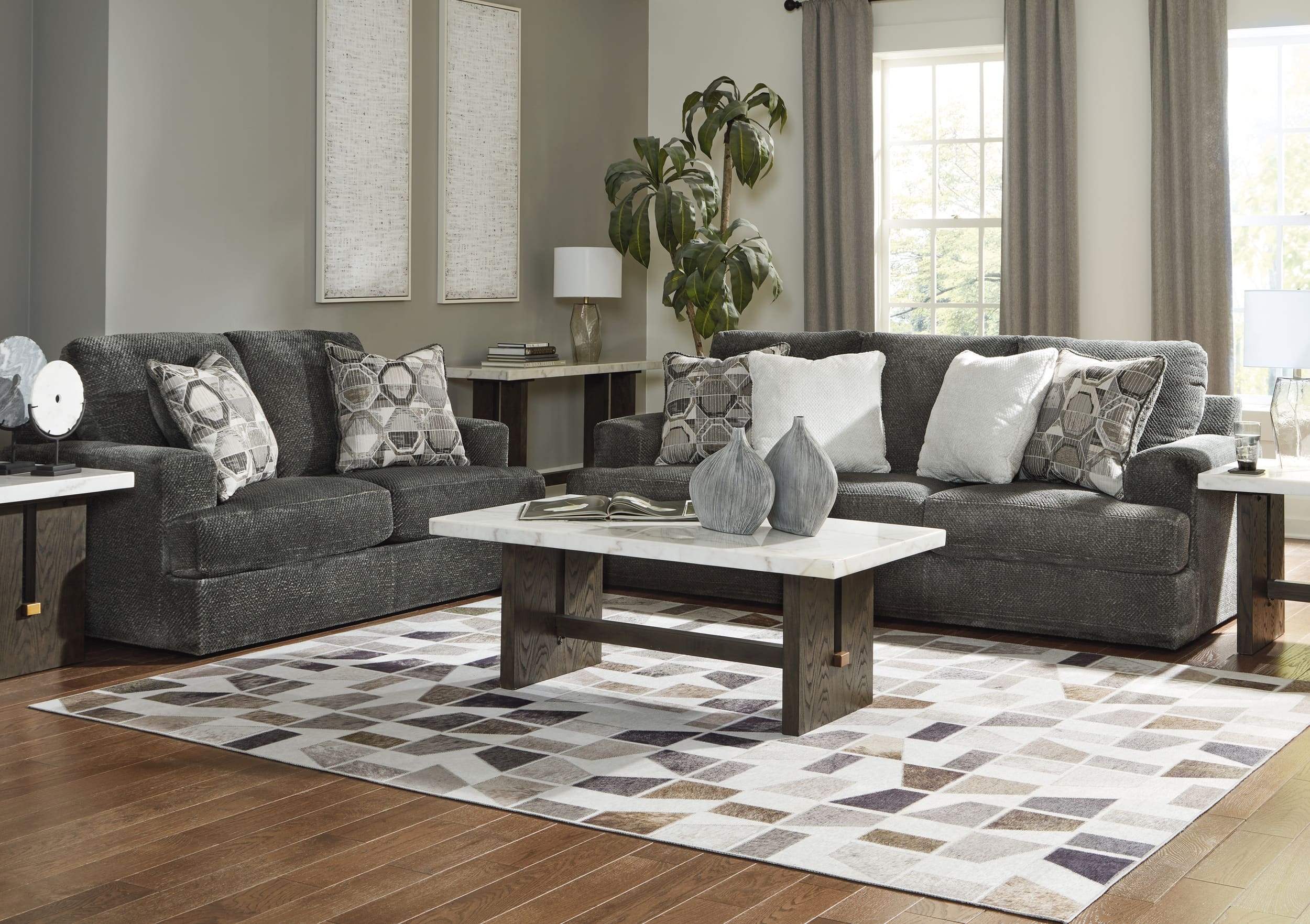 Ashley Karinne Polyester Smoke Sofa, Loveseat And Center Table