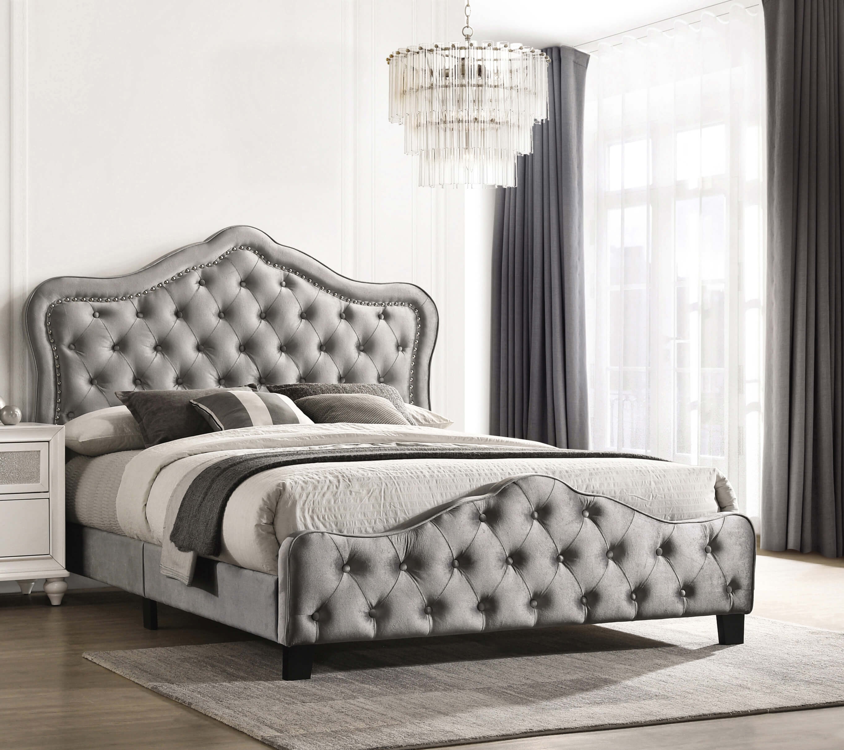 Bella Velvet Tufted Panel Bed, Queen Size