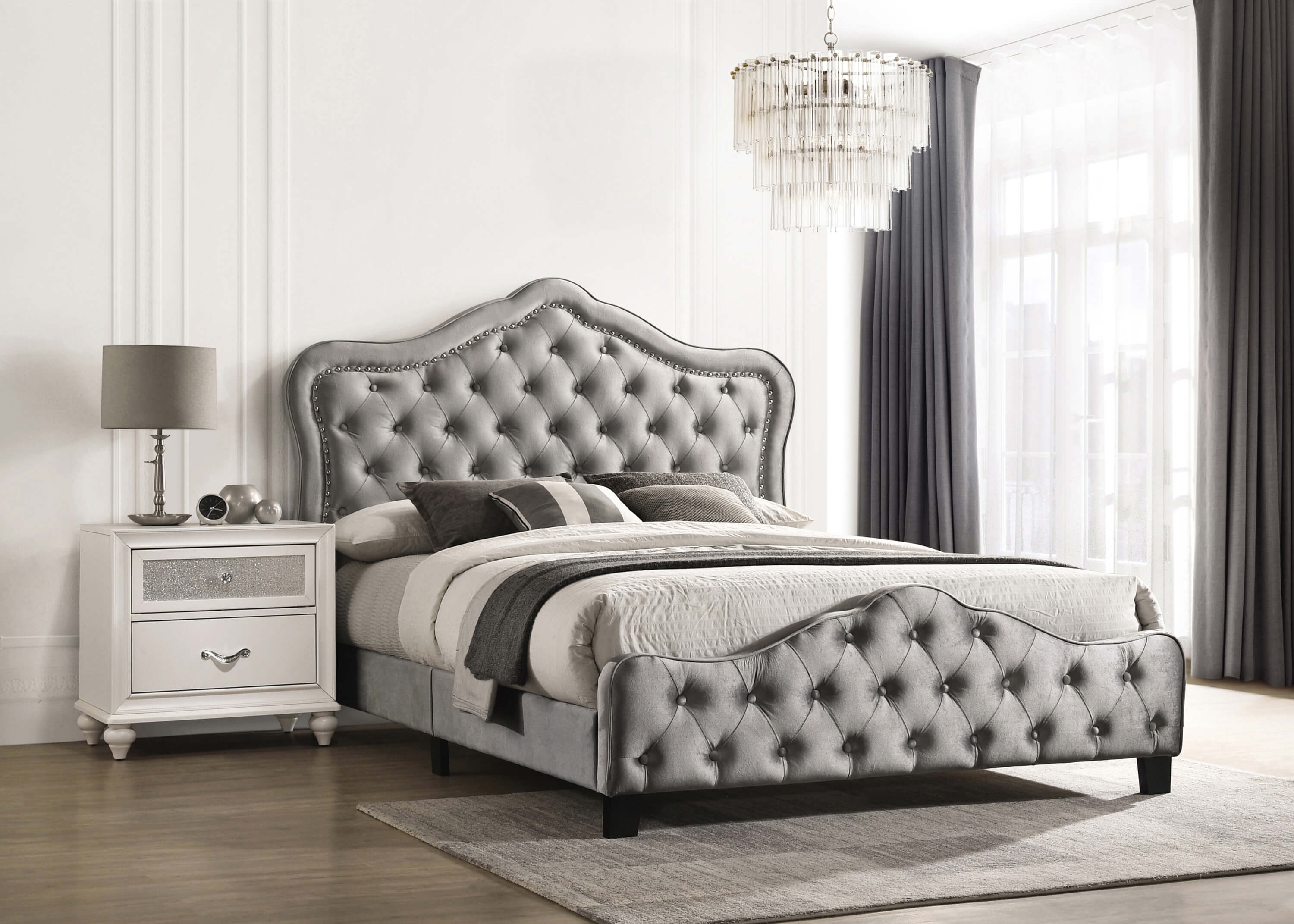 Bella Velvet Tufted Panel Bed, Queen Size