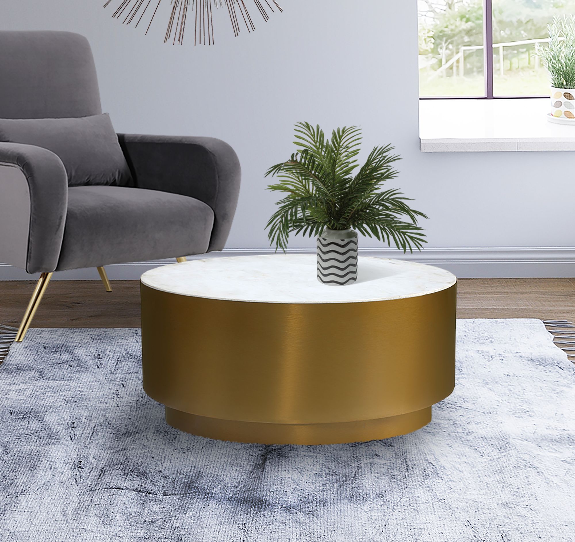 Presley 36" Round Marble Coffee Table with Brushed Gold Metal Base