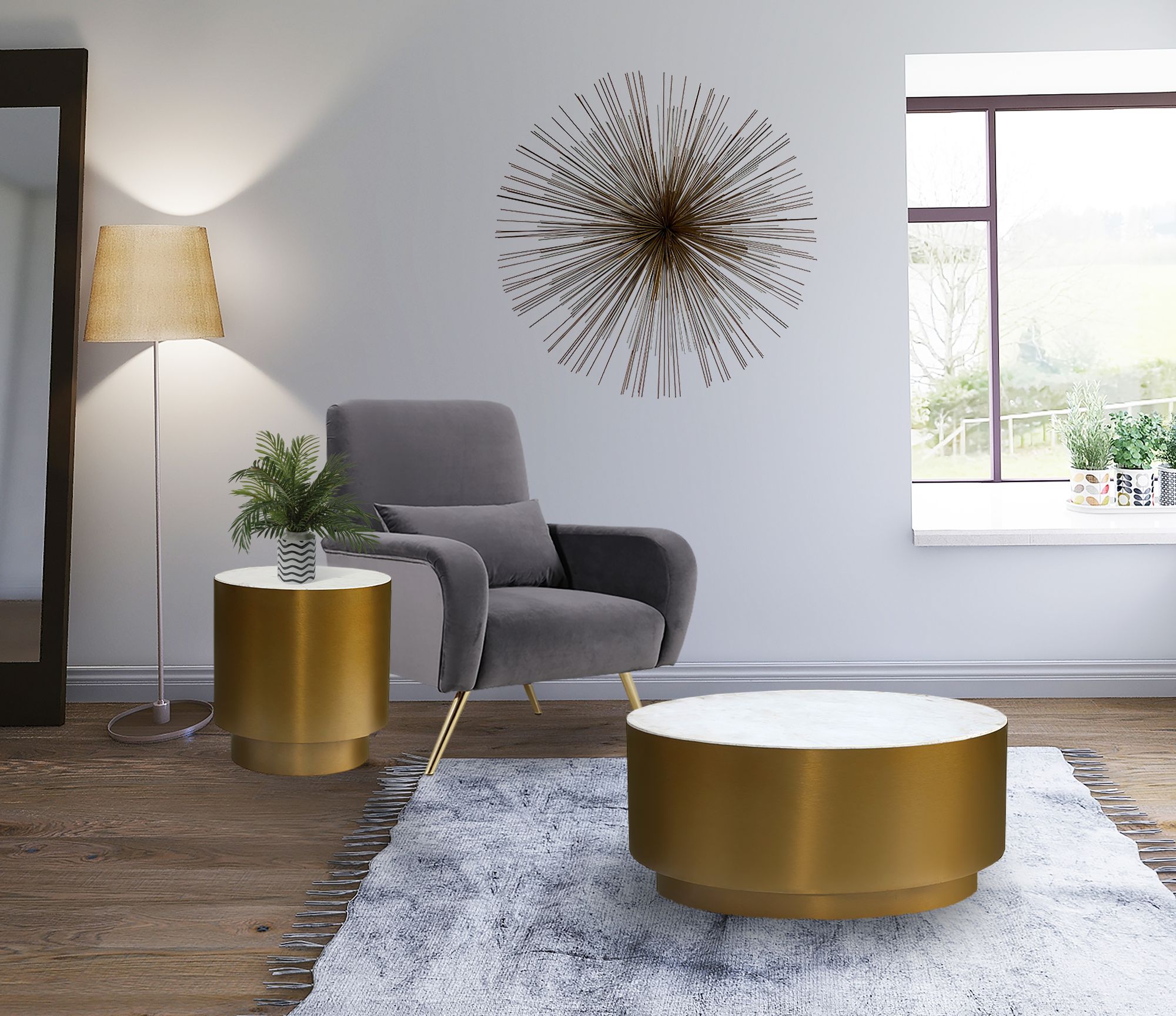 Presley 36" Round Marble Coffee Table with Brushed Gold Metal Base