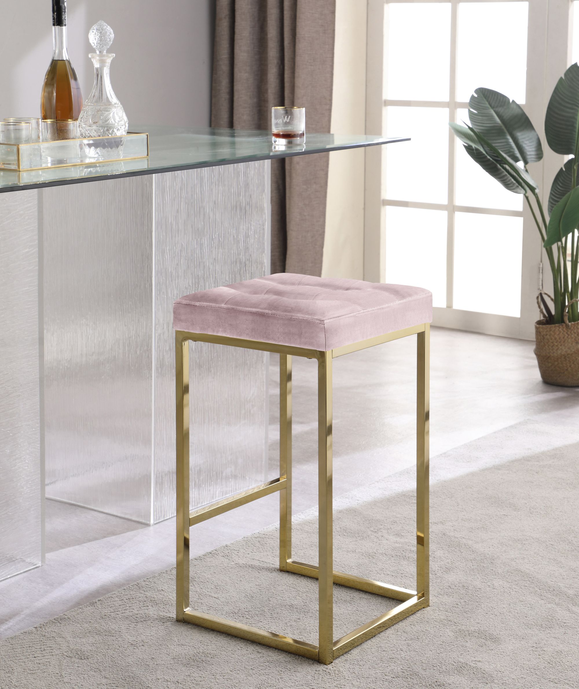 Nicola Velvet Counter Stool with Gold Steel Base