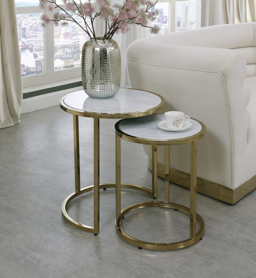Massimo 2-Piece Round Faux Marble End Table with Gold Steel Base