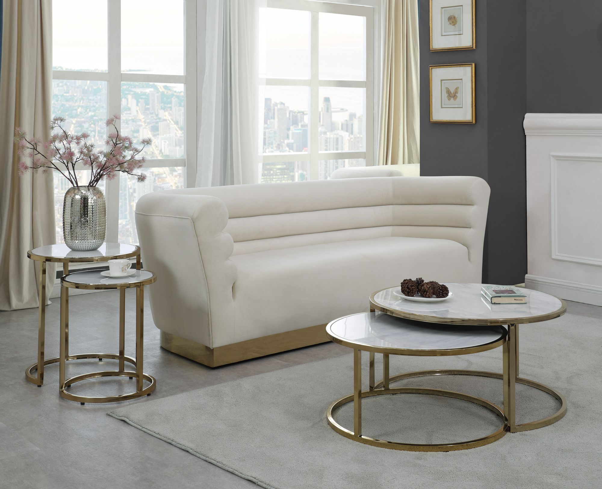 Massimo 2-Piece Round Faux Marble End Table with Gold Steel Base