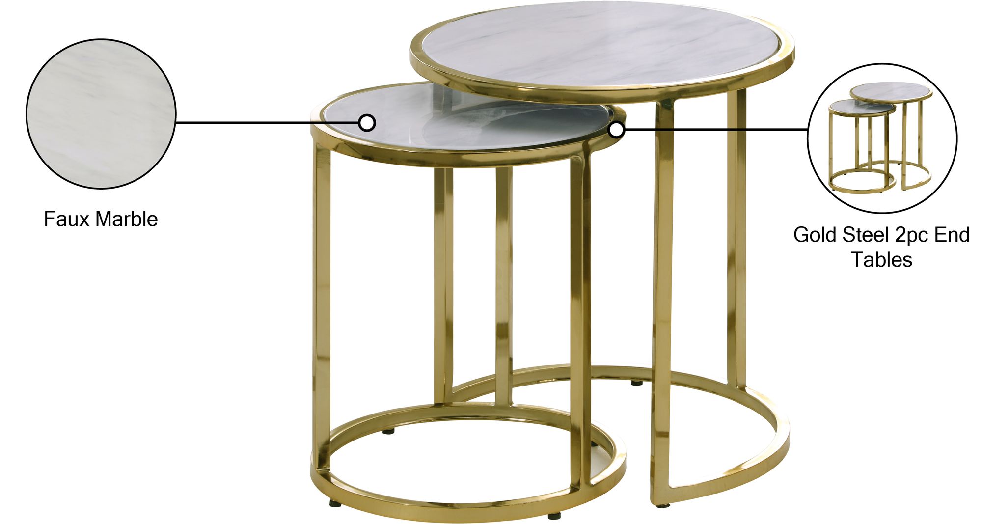 Massimo 2-Piece Round Faux Marble End Table with Gold Steel Base