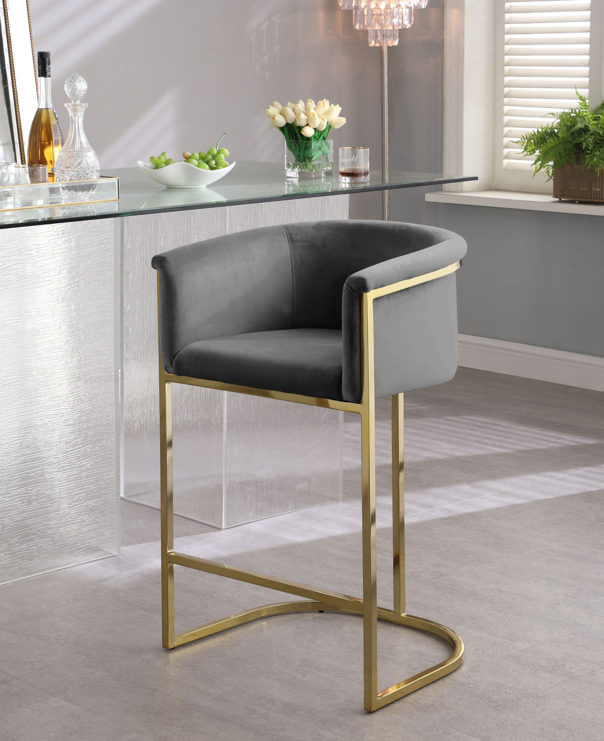 Donatella Velvet Counter Stool with Gold Steel Base