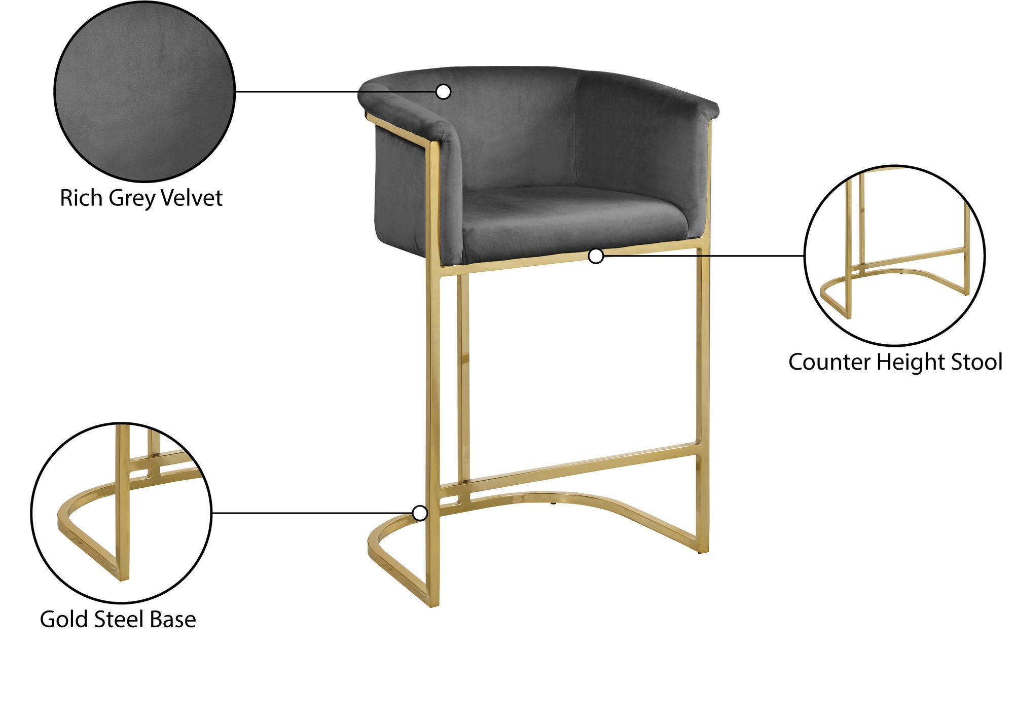 Donatella Velvet Counter Stool with Gold Steel Base