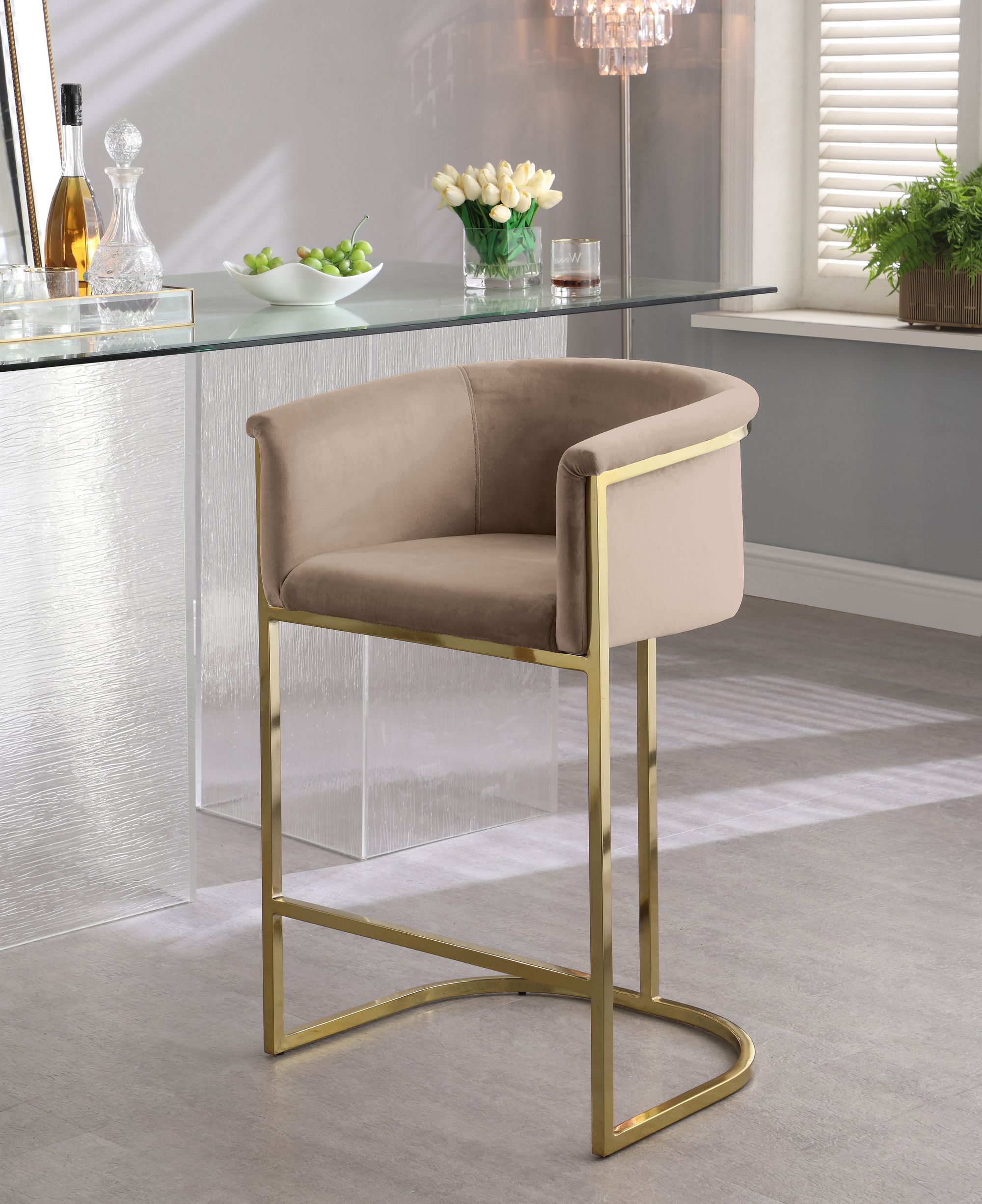 Donatella Velvet Counter Stool with Gold Steel Base