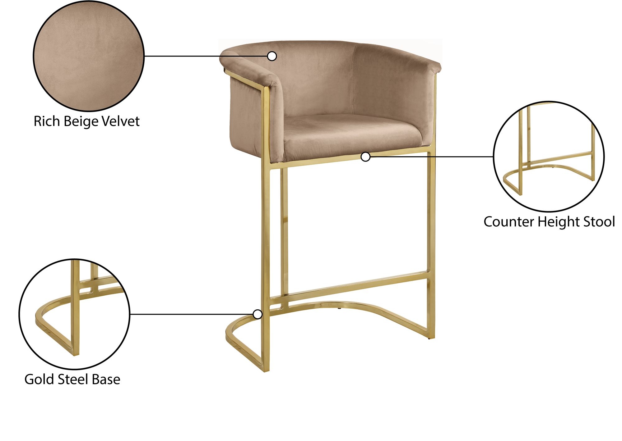 Donatella Velvet Counter Stool with Gold Steel Base