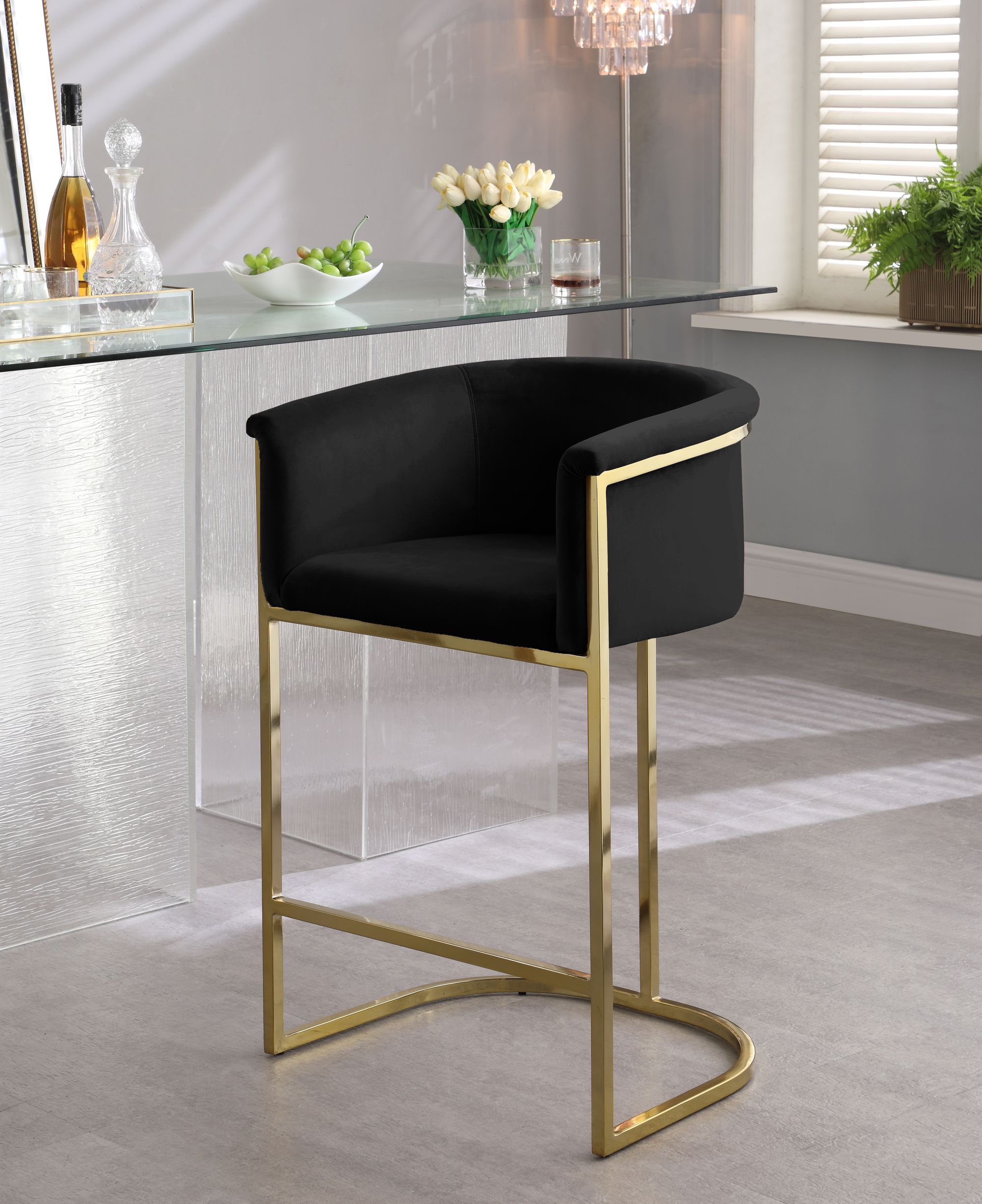 Donatella Velvet Counter Stool with Gold Steel Base