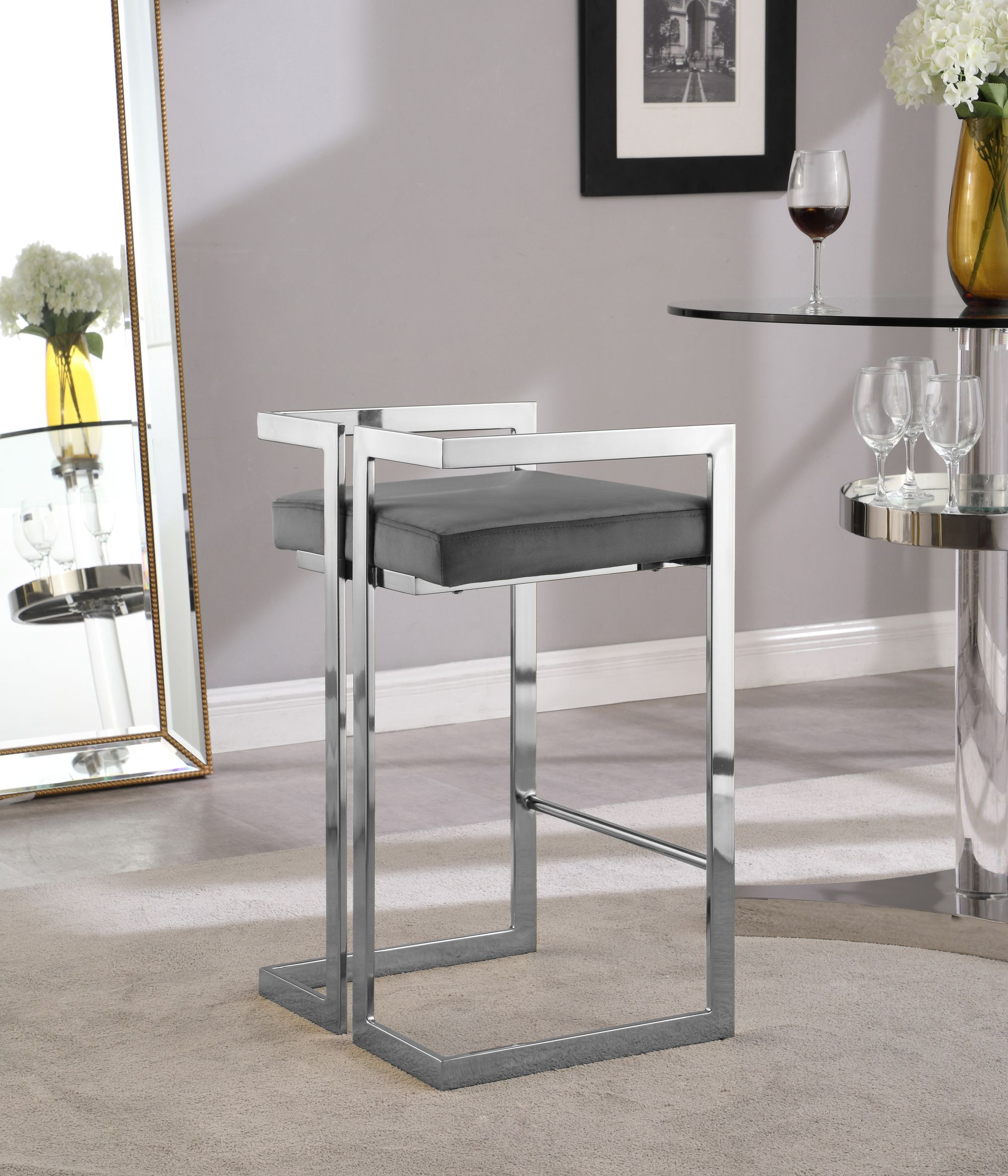 Ezra Velvet Counter Stool with Chrome Steel Base