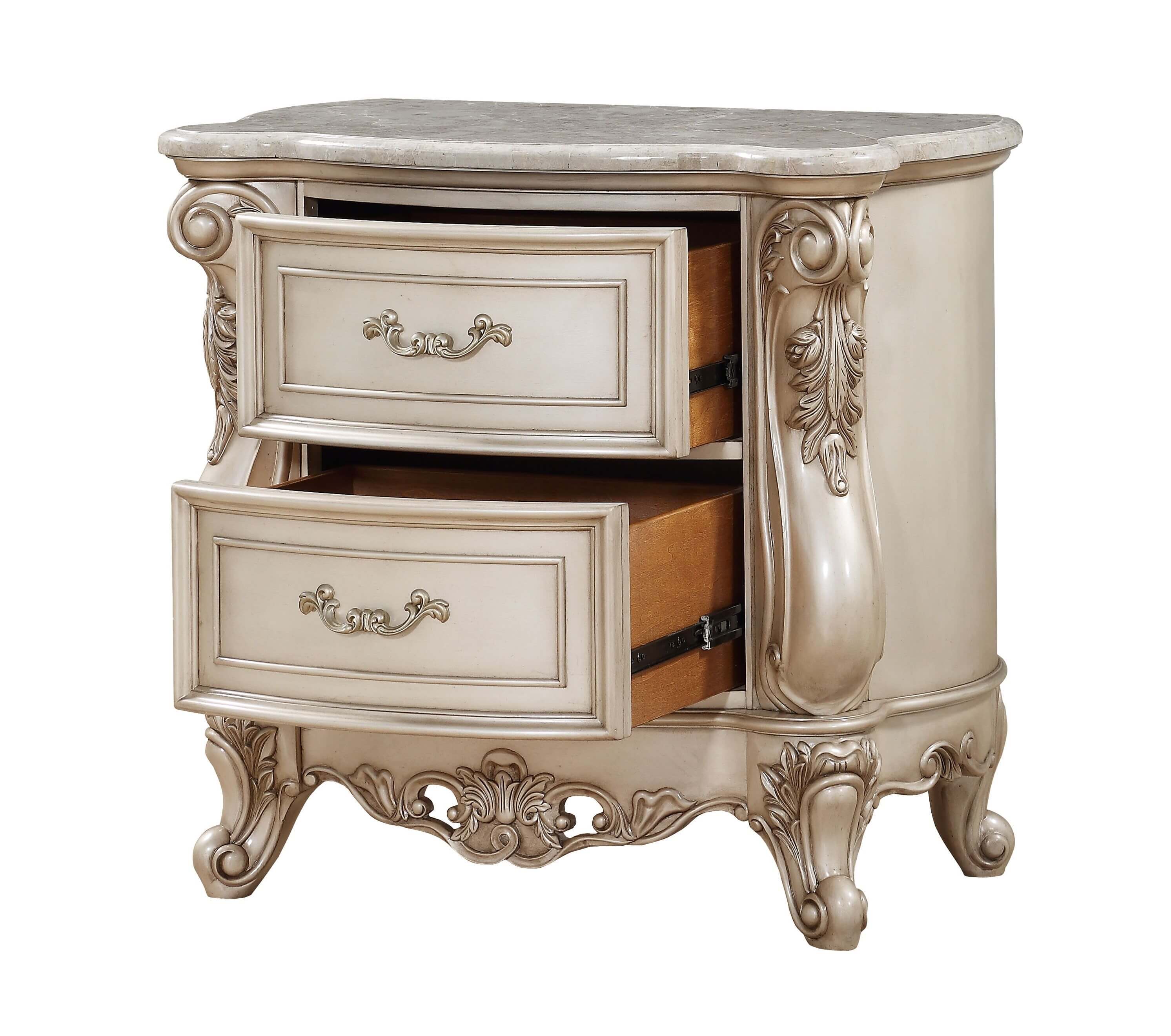 Acme Gorsedd 2-Drawer Wooden Nightstand with Marble Top in Golden Ivory