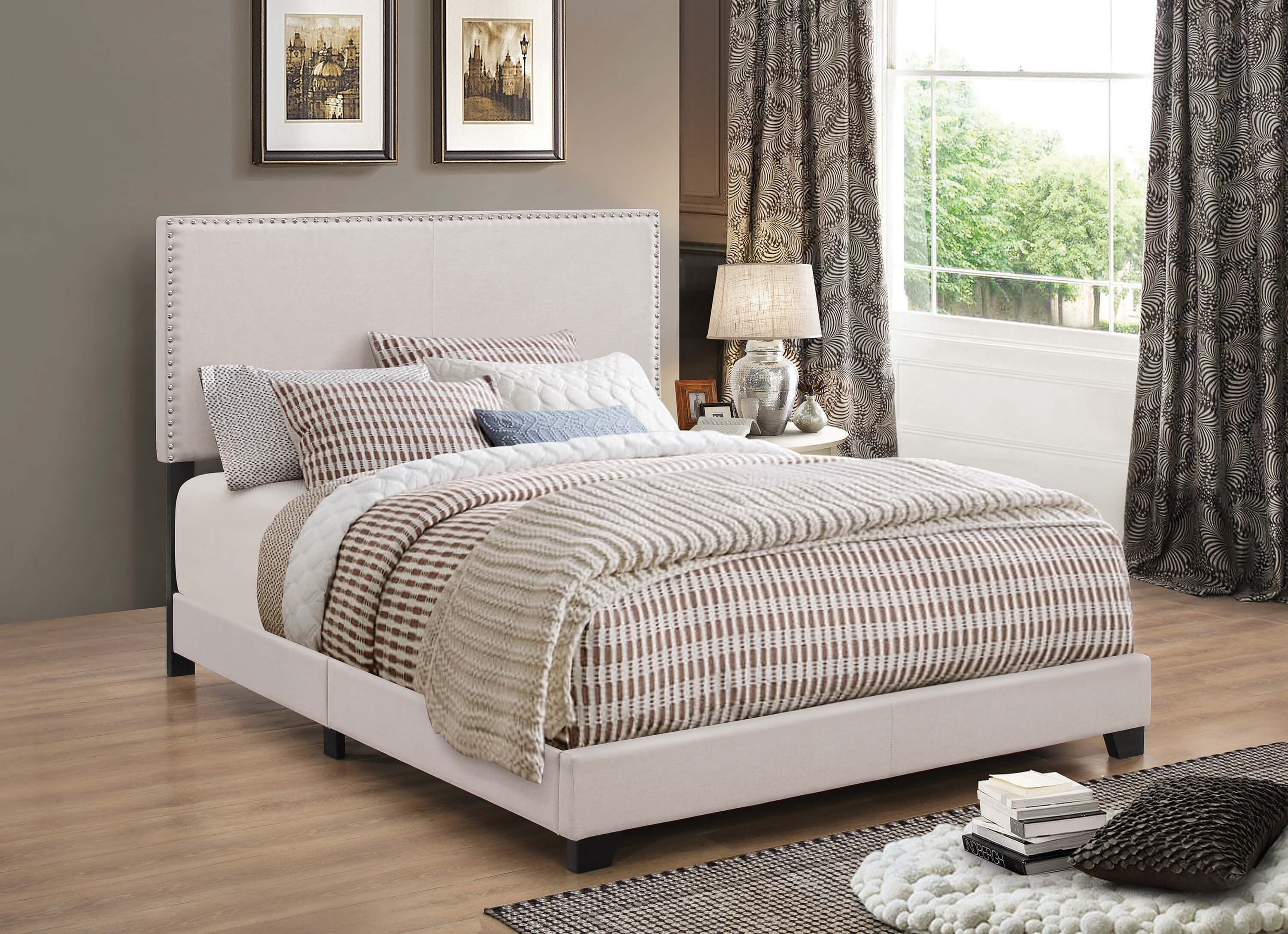 Boyd Fabric Upholstered Bed w/Nailhead Trim, Queen Size