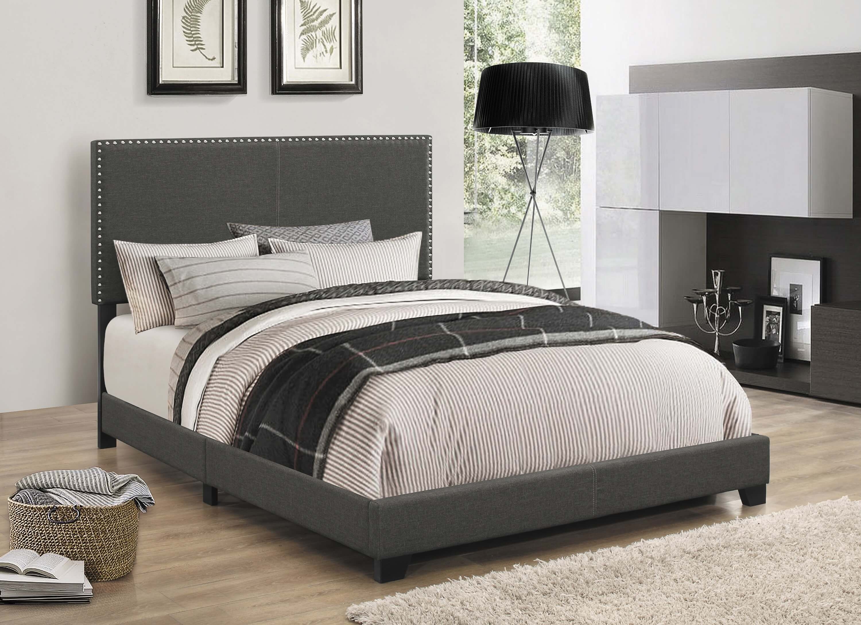 Boyd Fabric Upholstered Bed w/Nailhead Trim, Queen Size
