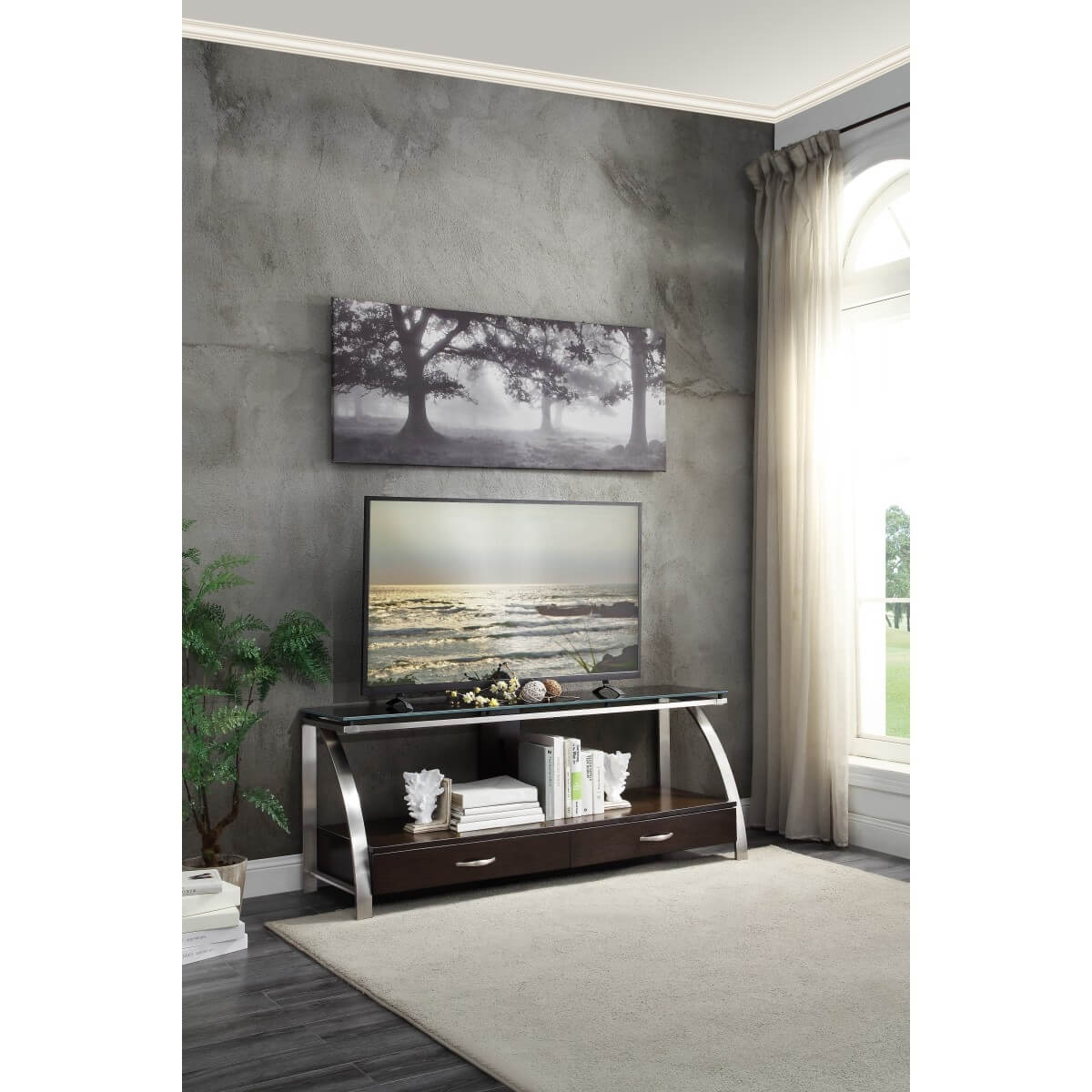 Tioga Wood/Stainless Steel TV Stand by Homelegance