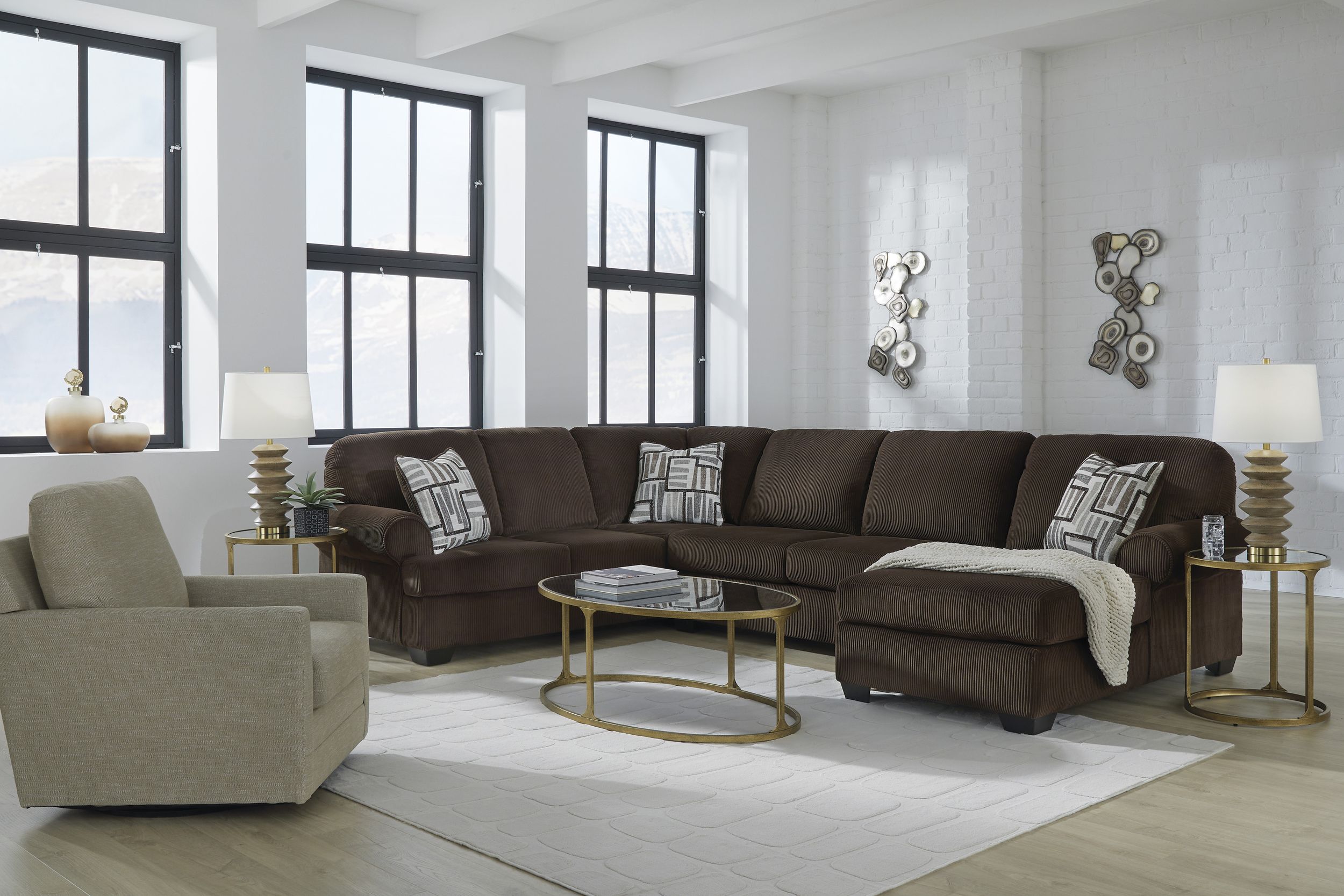 Ashley Kimlee 3-Piece Stationary Right Arm Facing Sectional with Chaise in Chocolate